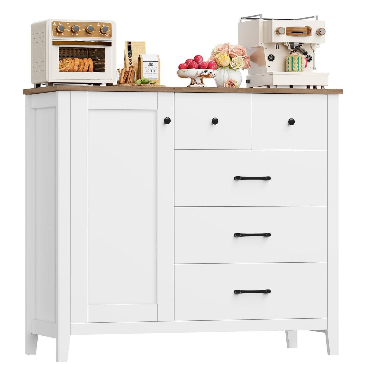 LuxusKollektion Küchenbuffet Küchenschrank 5 Schubladen 1 Tür Arbeitsplatte 100x94x40cm Weiß+braun