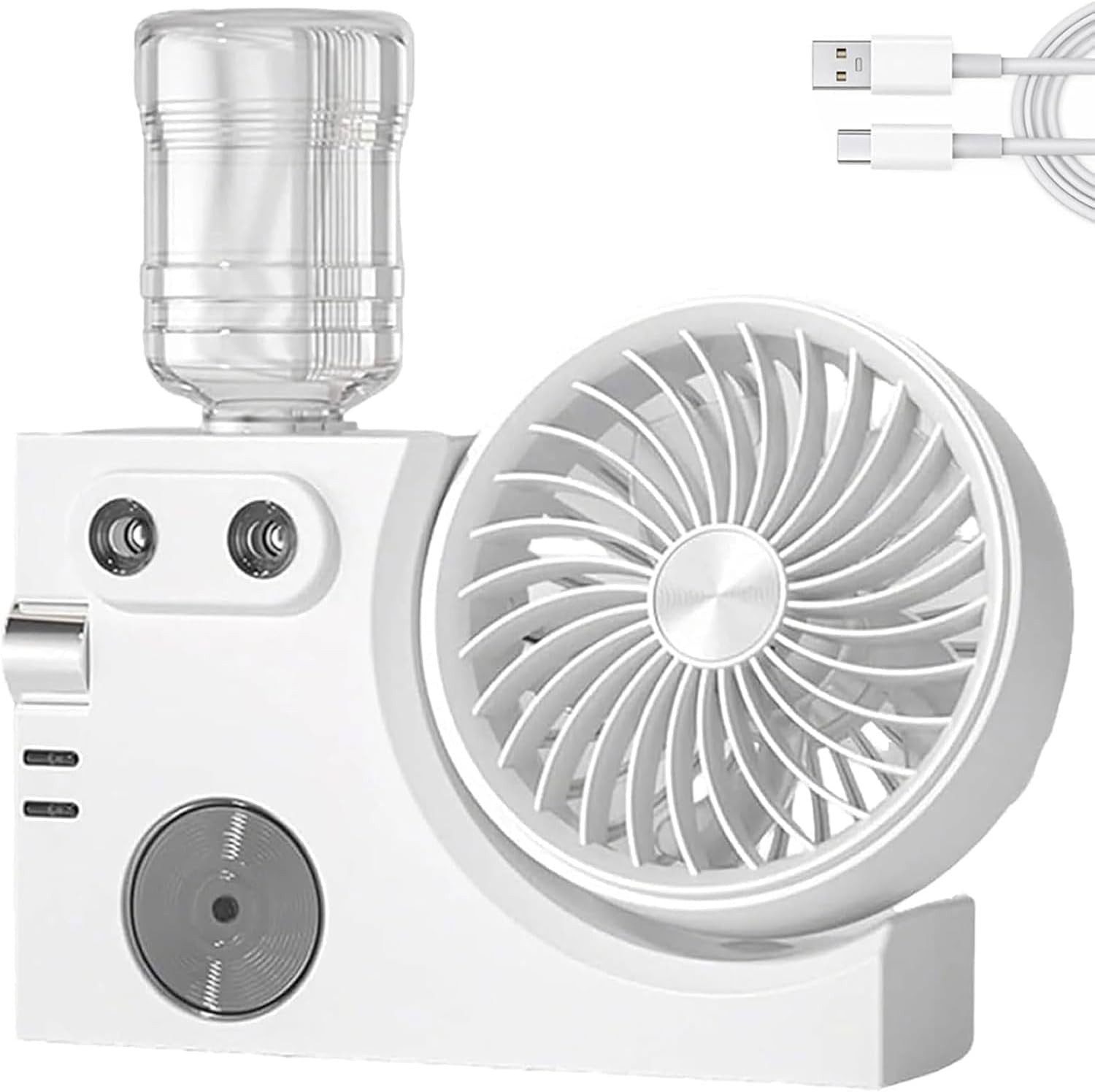 MOPUEA Turmventilator Verstellbarer Tischventilator mit 3 Geschwindigkeiten mit Spray, USB-wiederaufladbarer, 2 Nebelmodi, Luftkühler für Zuhause, Büro