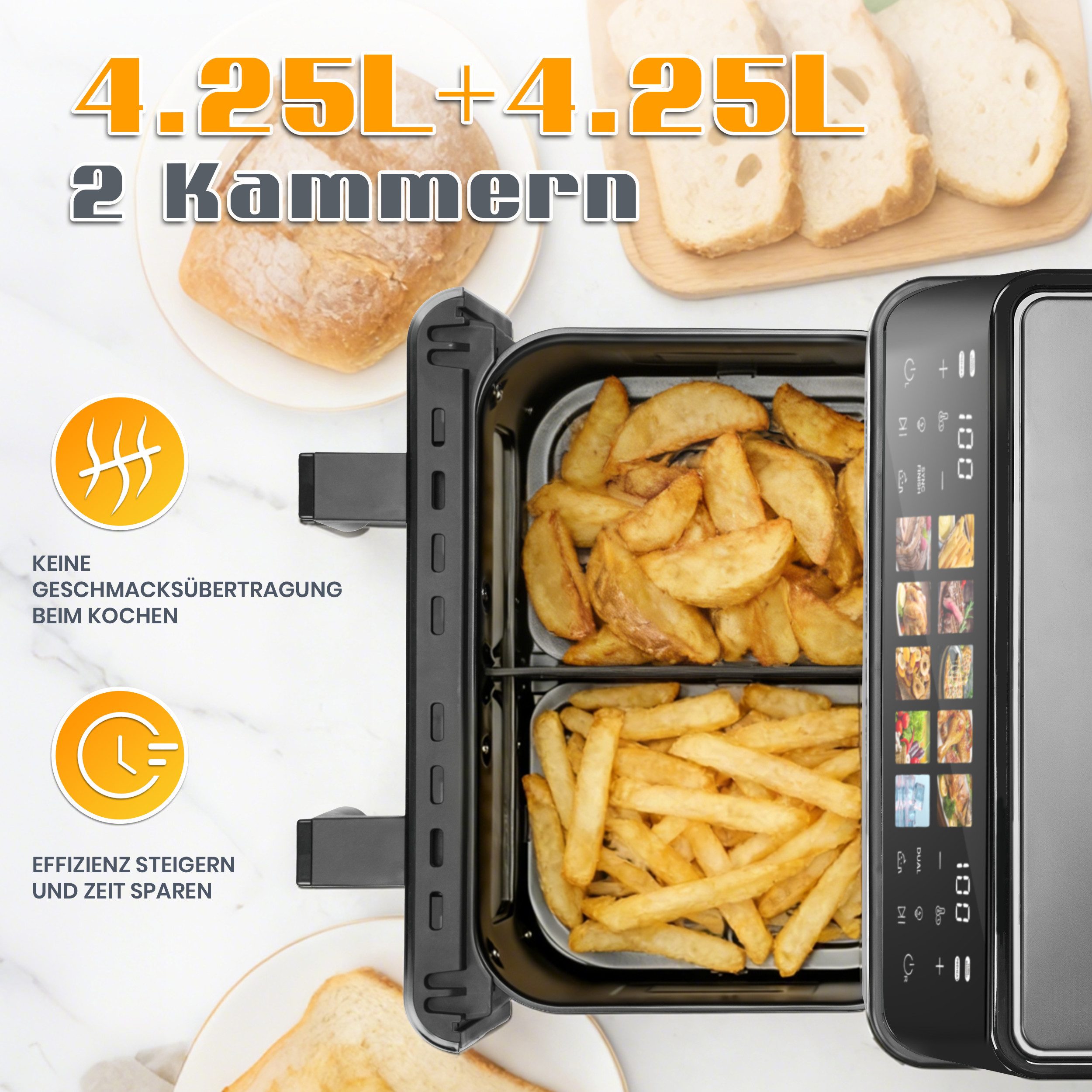 WHEELYOU Heißluftfritteuse Automatische Abschaltung, 10 Programme, 2000 W, 2000 W, 10 voreingestellte Programme, Touchscreen-Bedienung