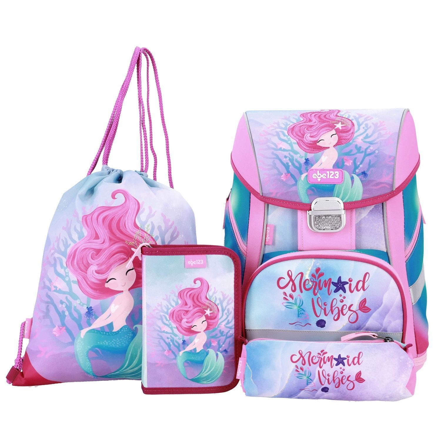Familando Schulranzen 1. Klasse; ergonomischer Tornister (Set, 5-tlg., inkl. Federmäppchen, Schlamper und Turnbeutel), Mädchen Schultasche Meerjungfrau Meermaid Stickerei
