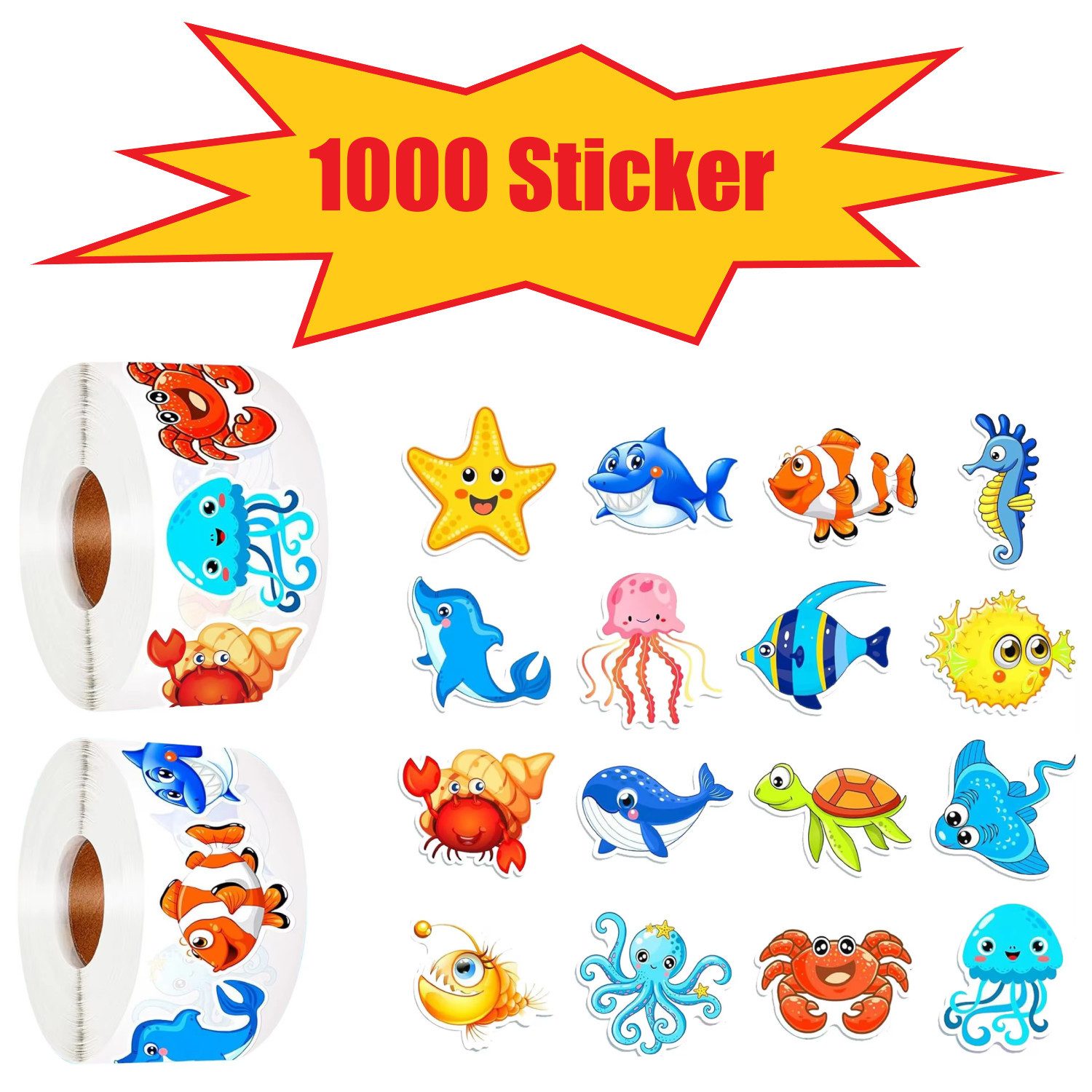 Ware aus aller Welt Sticker 1000 Kinder-Sticker Meerestiere Aufkleber Goodie Basteln Party, (1-tlg)