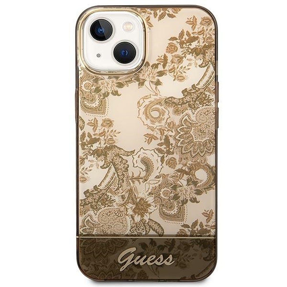 Guess Handyhülle Schutzhülle Smartphonehülle Rückschale 6,7 Zoll, Porzellan-Dessin, goldfarbenes Logo, Kratzschutz