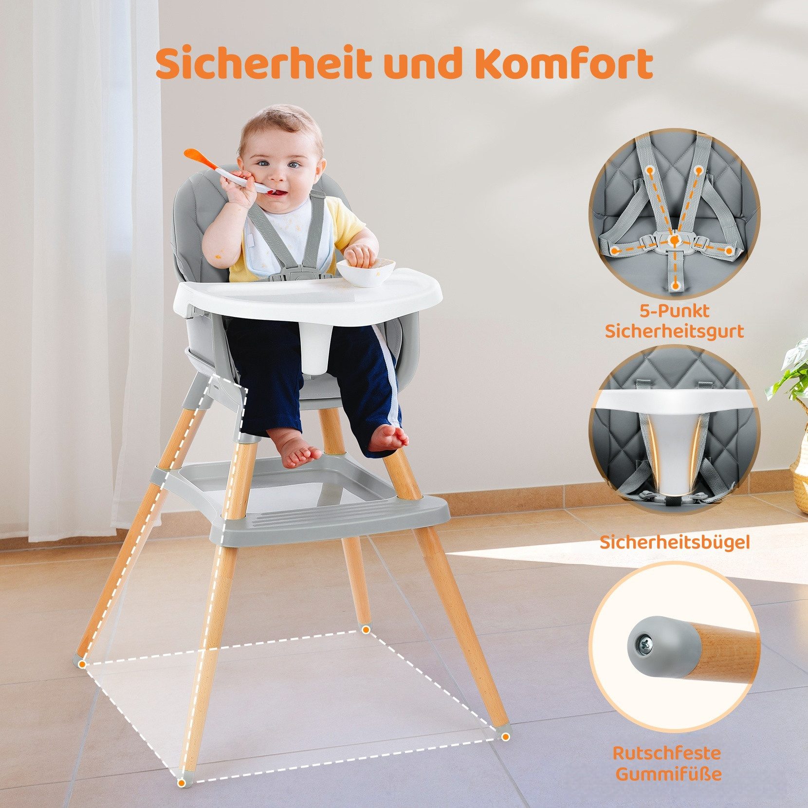 Ezebaby Holzstuhl 6in1 Multfunktional Babystuhl Sitzerhöhung Kinderstuhl Barhocker