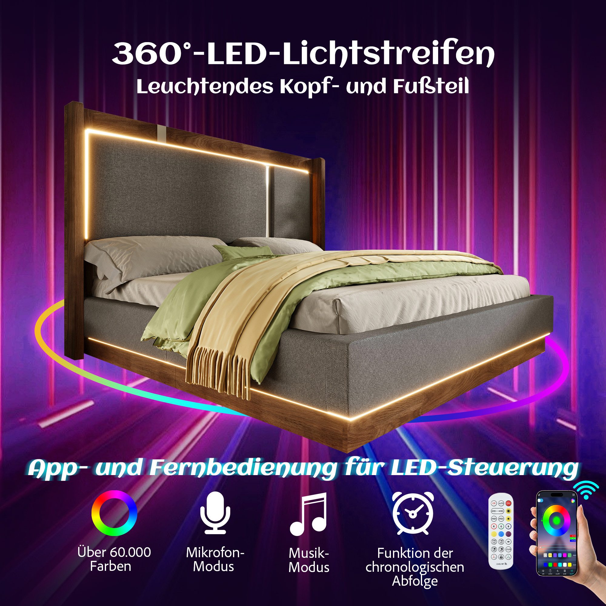 MODFU Polsterbett mit Retro-Look & App-gesteuerter LED (Packung, Grau, Leinen, 140x200 cm), Hydraulik-Bettkasten, ohne Matratze