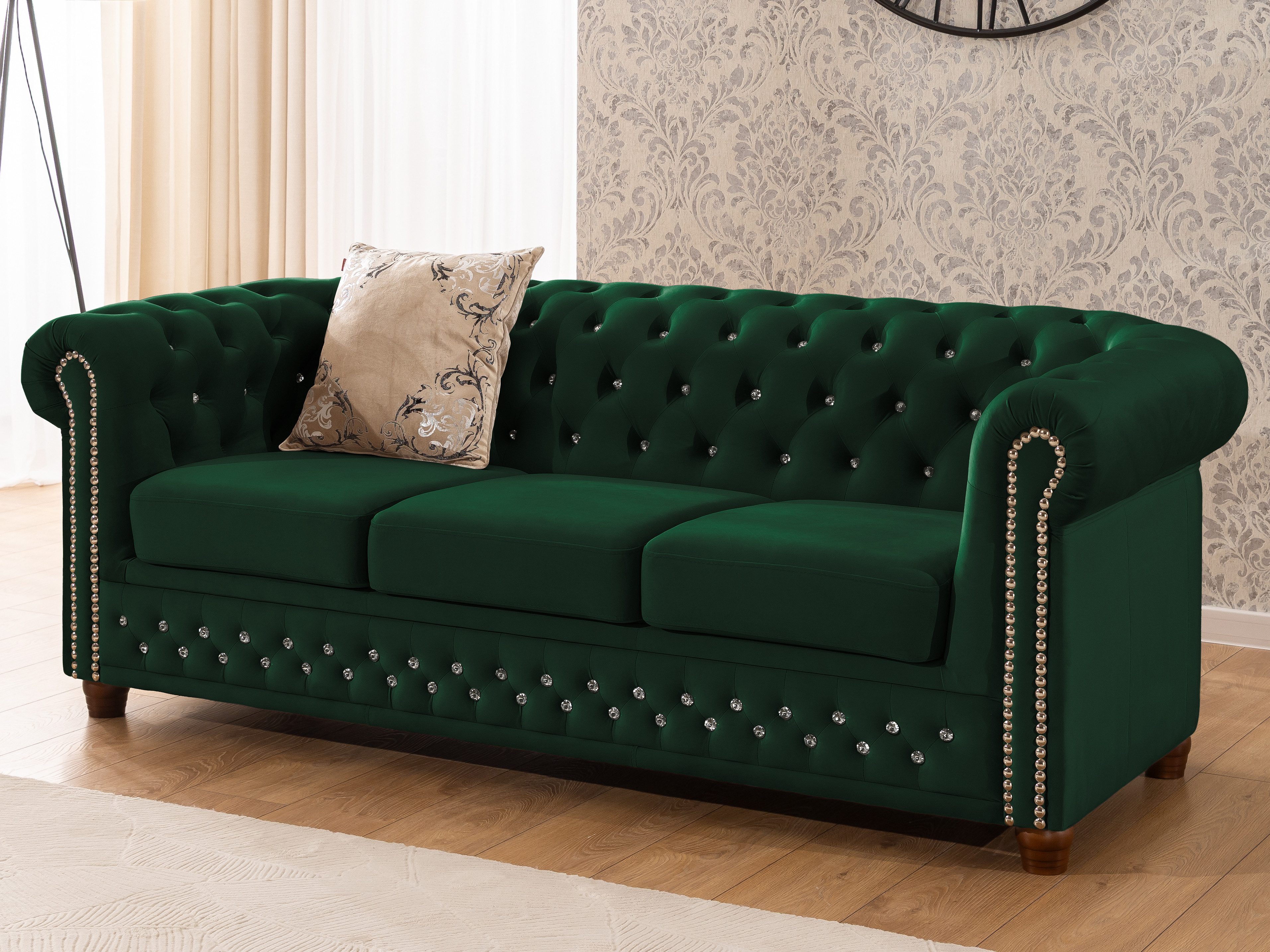 S-Style Möbel Polstergarnitur Chesterfield 3+2+1 Cleo Blink aus Samt mit Kristallsteppung, (1x 3-Sitzer-Sofa, 1x 2-Sitzer-Sofa, 1x Sessel), mit Wellenfederung – Bild 3 von 5