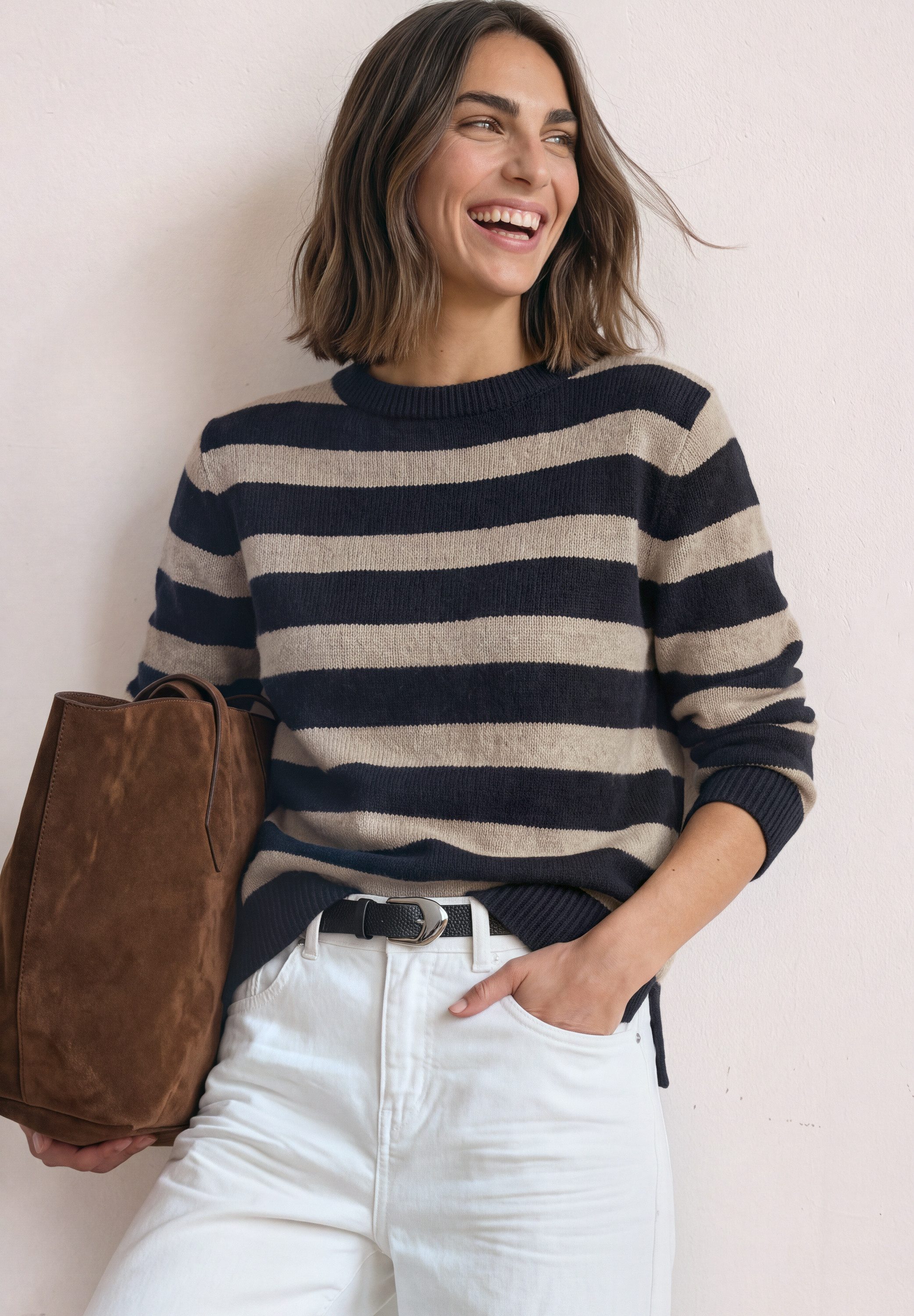STREET ONE Strickpullover Langarmpullover mit Boat Neck und Streifen