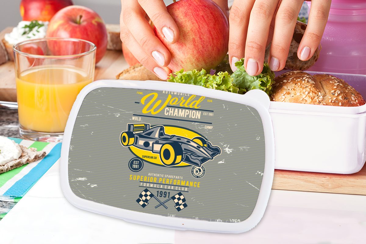 Rennwagen Mädchen Kunststoff, Brotdose, - für Brotbox Lunchbox Flagge, und Erwachsene, - (2-tlg), Kinder für Oldtimer weiß Jungs und MuchoWow