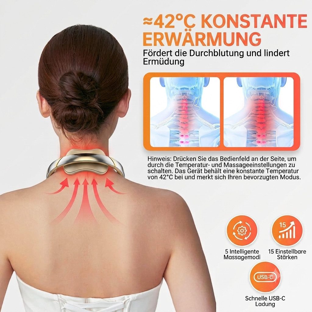Feelhap Nacken-Massagegerät Kabelloses Nackenmassagegerät mit Wärmefunktion und Impulsmassage, Elektrisches Massagegerät Set für Nackenmassage mit Wärmefunktion, Nackenmassagegerät mit USB-Ladekabel und Bedienungsanleitung, Kabellos, Wärmefunktion, 5 Modi, 15 Intensitätsstufen, tragbar
