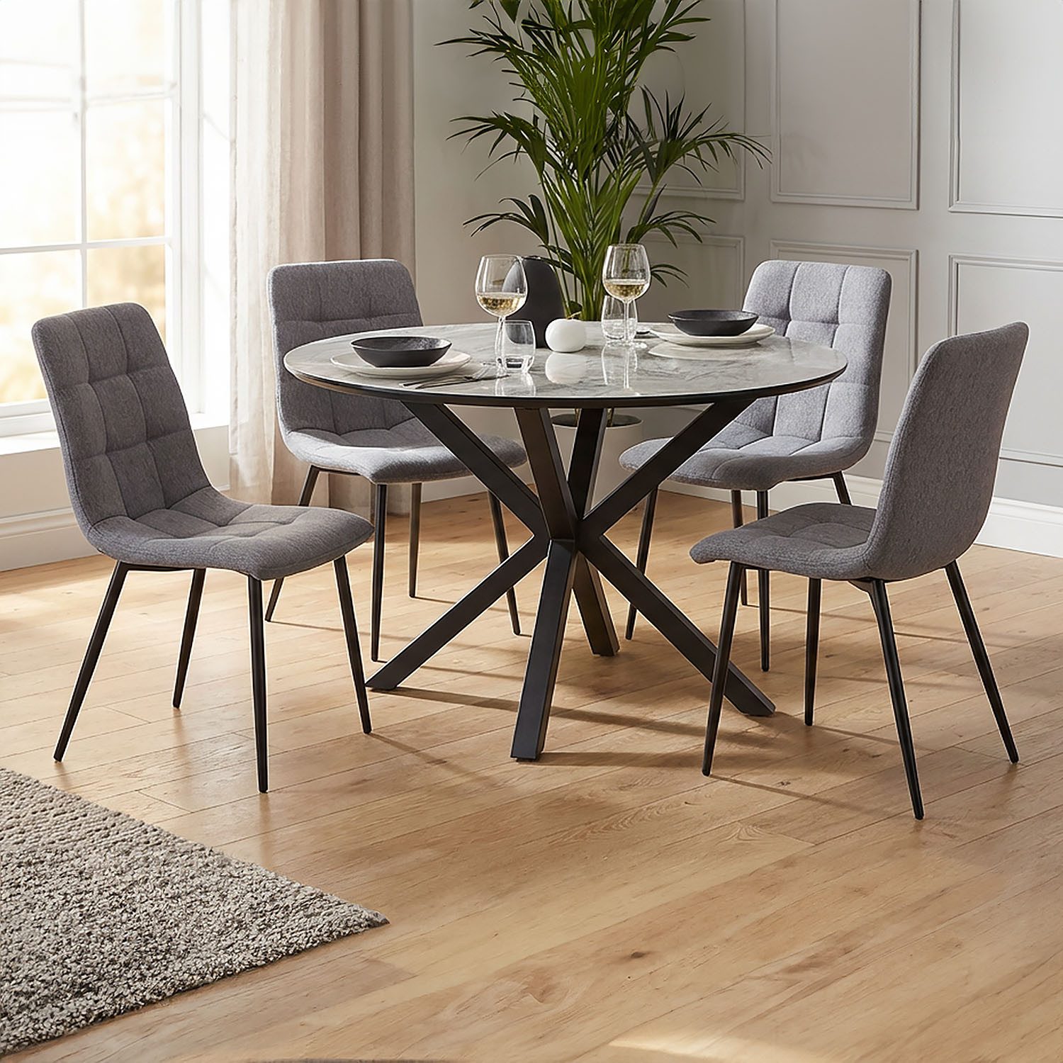 Homestyle4u Essgruppe rund Esstisch mit 2 Stühle 4 Stühle Ø110 Samt Grau Metallgestell Stein, (5-tlg), 5-teilig, kratzfest, mspritzwasserfest, Tisch mit Essstuhl