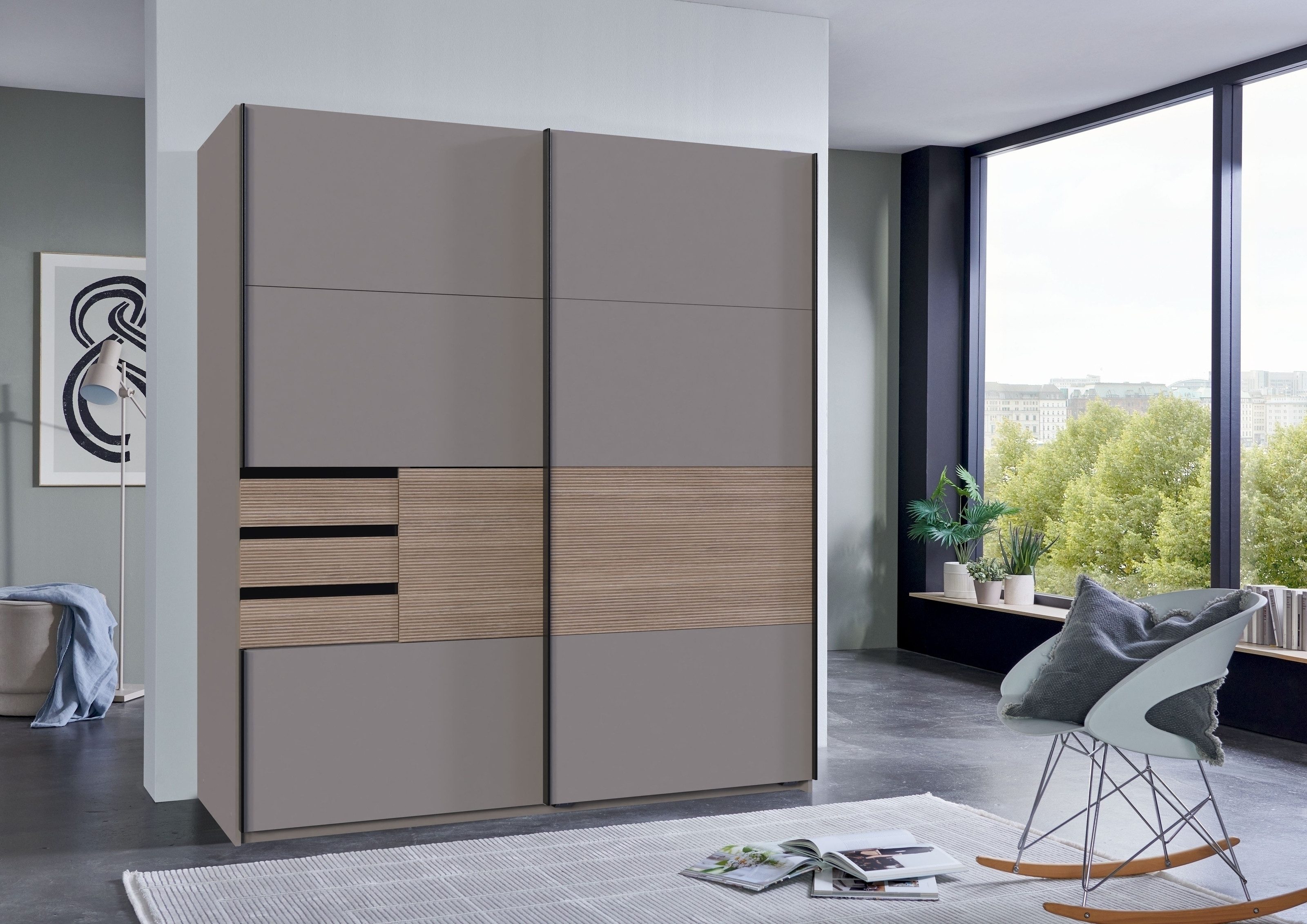 freiraum Schwebetürenschrank Bremen in SAHARAGRAU / MULTIPLEX - 180x198x65cm (BxHxT)