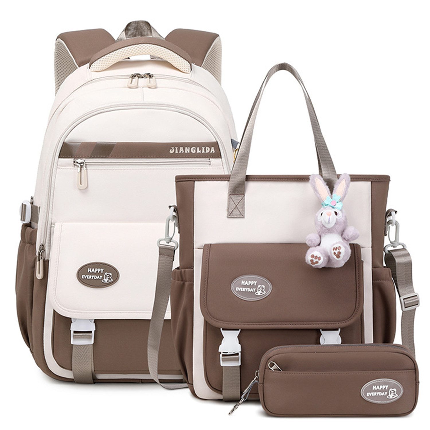 RWEUOQ Schulrucksack Schulrucksack-Set Schultasche Teenager Turnbeutel Braun (Set, 3-tlg., Wasserdichte Rucksack mit doppelter Reißverschluss), Schulranzen Mädchen Jungen