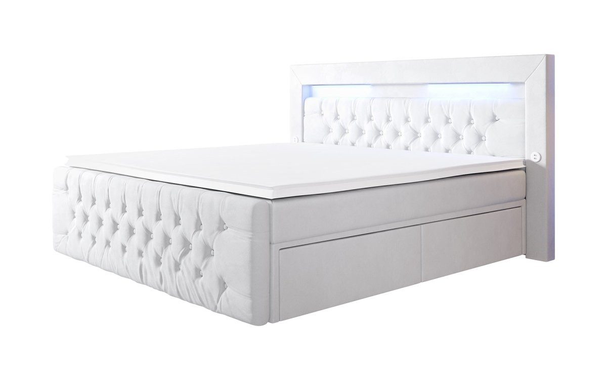 Luxusbetten24 Boxspringbett Sunshine, mit indirekter Beleuchtung, USB-Anschluss und Stauraum