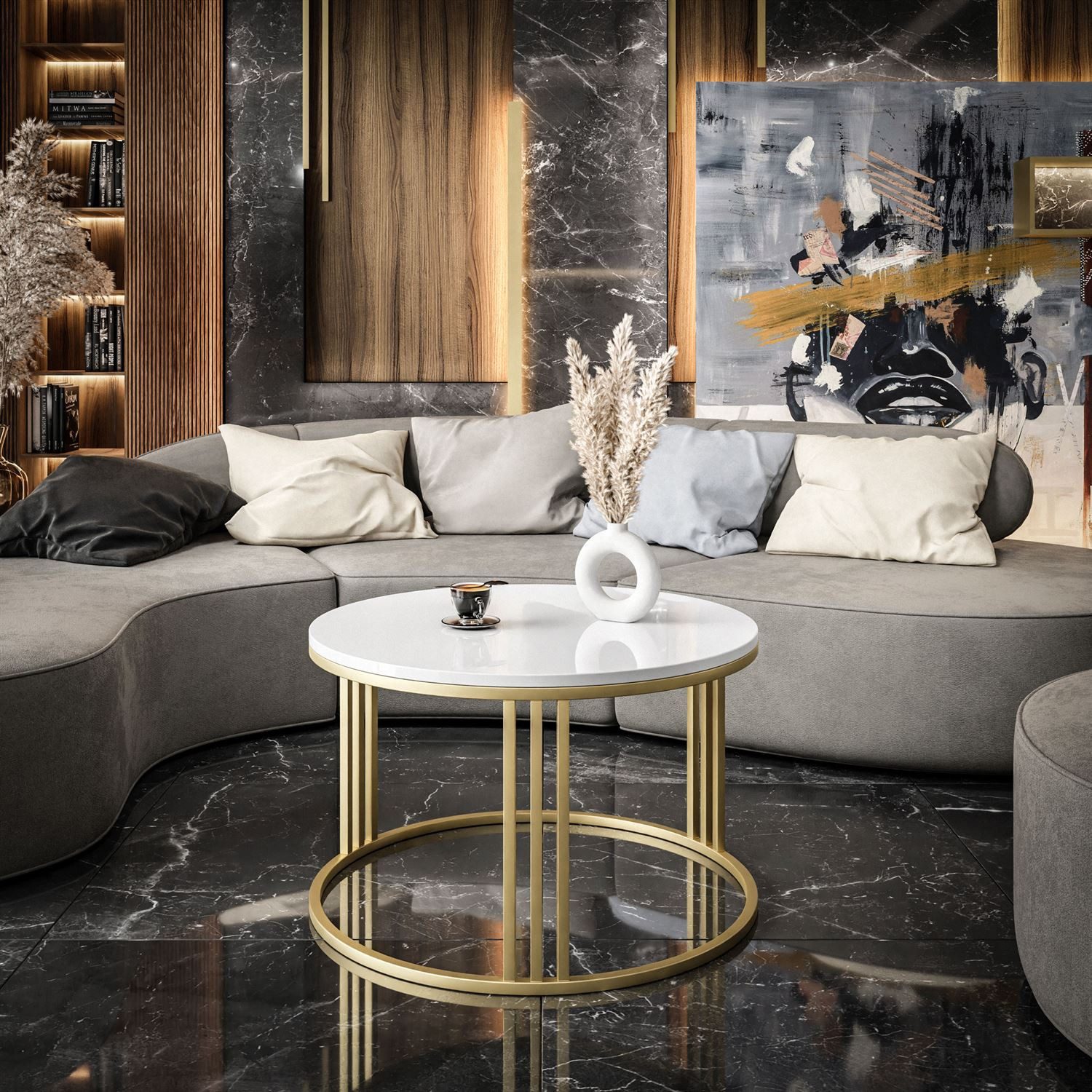 Lookway Couchtisch LORI mit goldmattem Gestell (1xCouchtisch), Durchmesser: ⌀70 cm