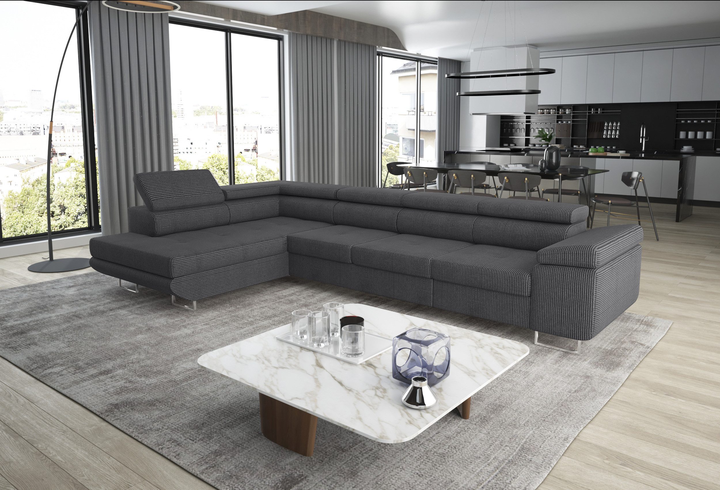 thematys Ecksofa ASTON LONG 355 x 204cm mit Schlaffunktion & Bettkasten – L-Sofa, mit 4 verstellbaren Kopfstützen, Cord (Poso) oder Samt (Monolith), - XXL Wohnlandschaft im modernen Design