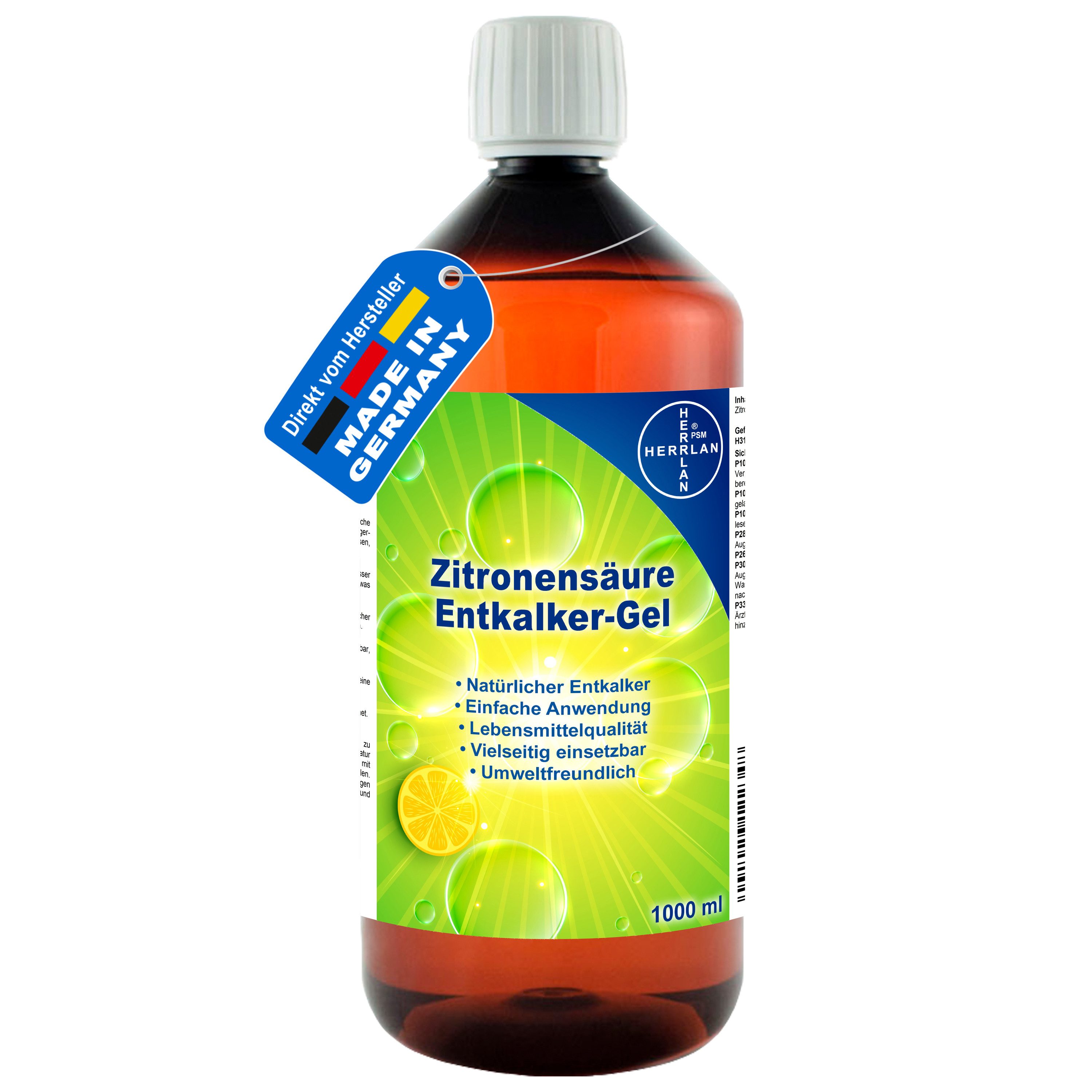 HERRLAN Zitronensäure Gel Entkalker (1 Liter Leistungsstarker Bio-Entkalker für Armaturen und Oberflächen HERRLAN-Qualität I Made in Germany)