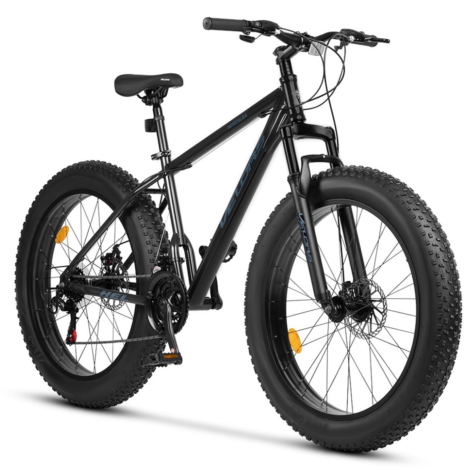 Velors Fatbike 26 Zoll Mountainbike 4,0 Fat Tire MTB für Herren Damen und Jungen, 21 Gang Shimano Tourney TZ-500 Schaltwerk, Kettenschaltung, mechanische Scheibenbremse, Hardtail Fahrrad, Fat Bike Schwarz & Grau