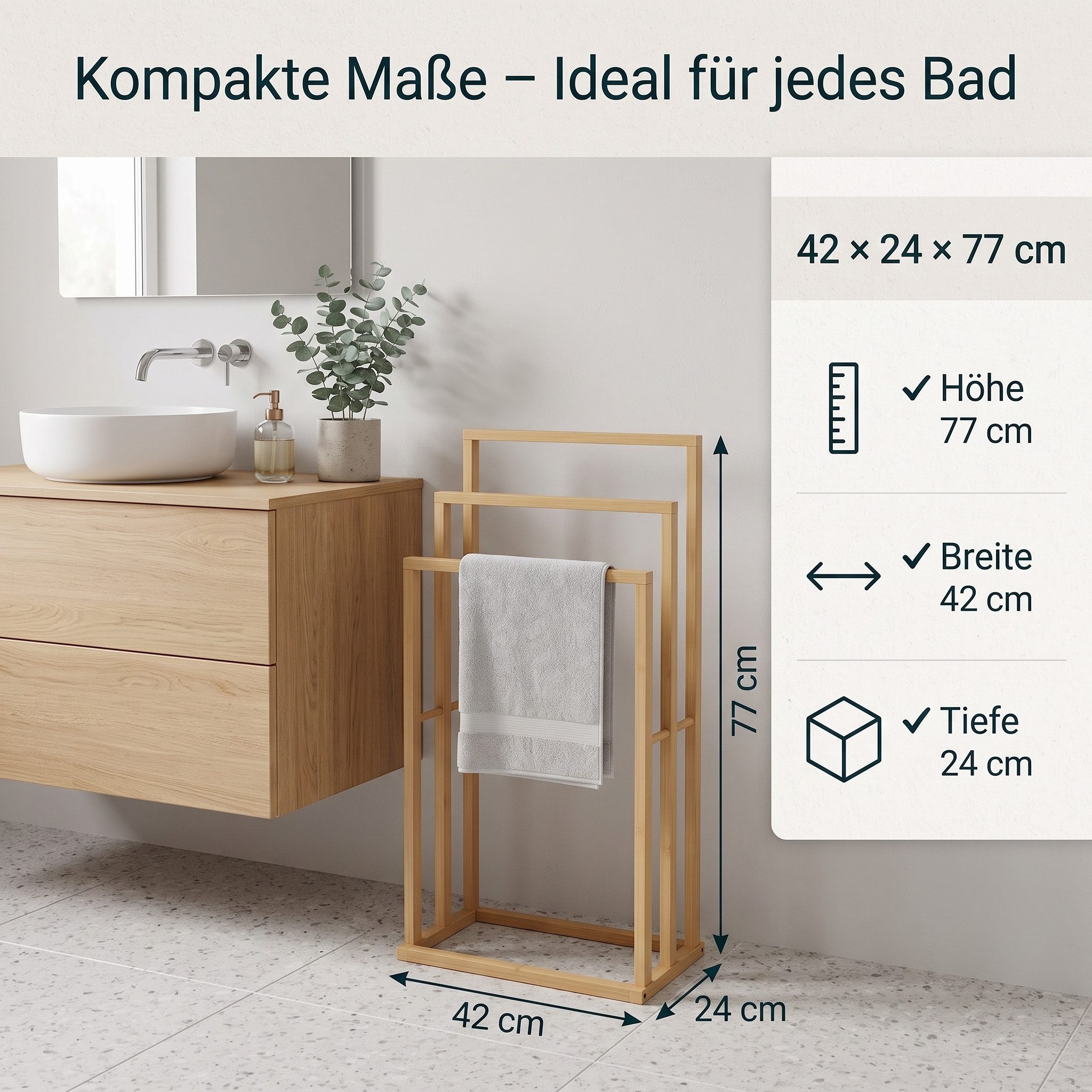 hausleben Handtuchhalter aus Bambus – 3 Handtuchstangen, Freistehend, 42×24×77 cm