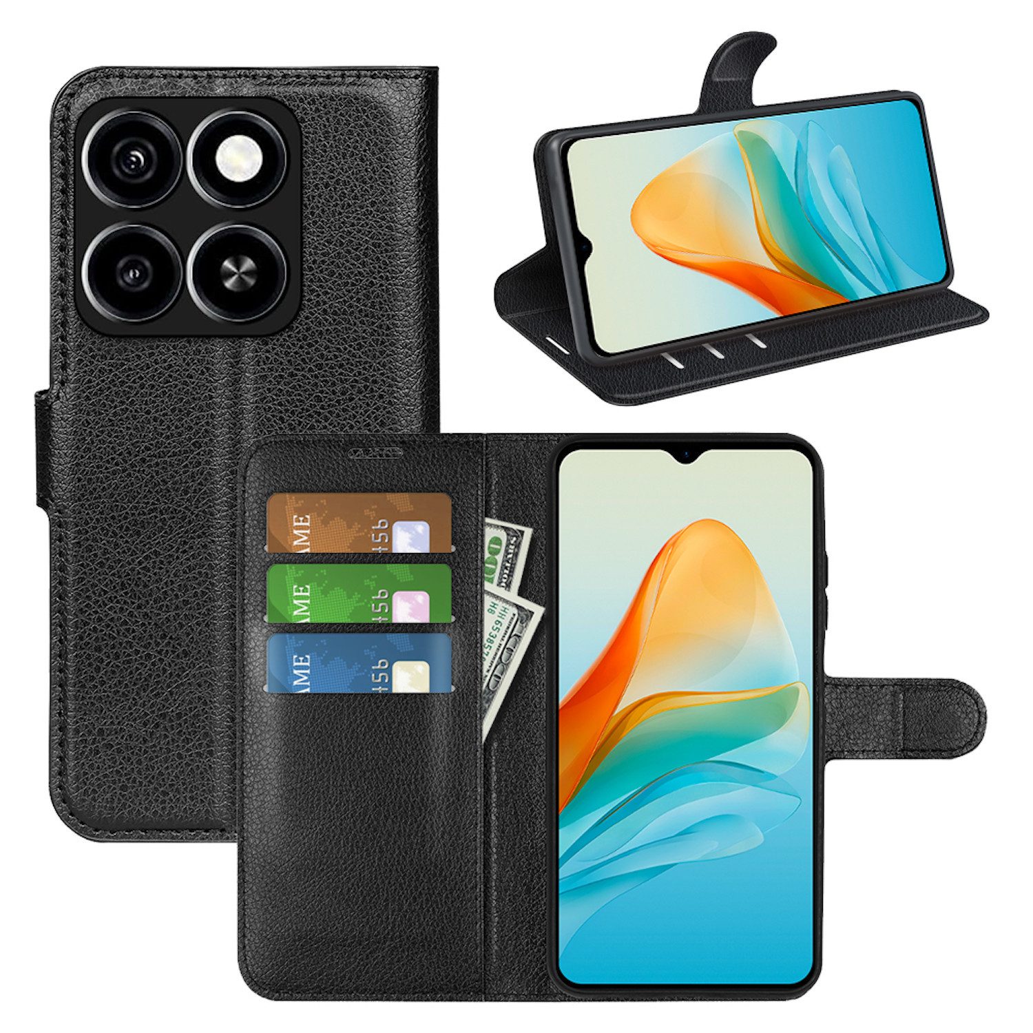 Wigento Smartphone-Hülle Für ZTE Blade A55 Kunstleder Book Wallet Handy Tasche Hülle Schwarz, Kunstleder Book Wallet Hülle mit Magnetverschluss