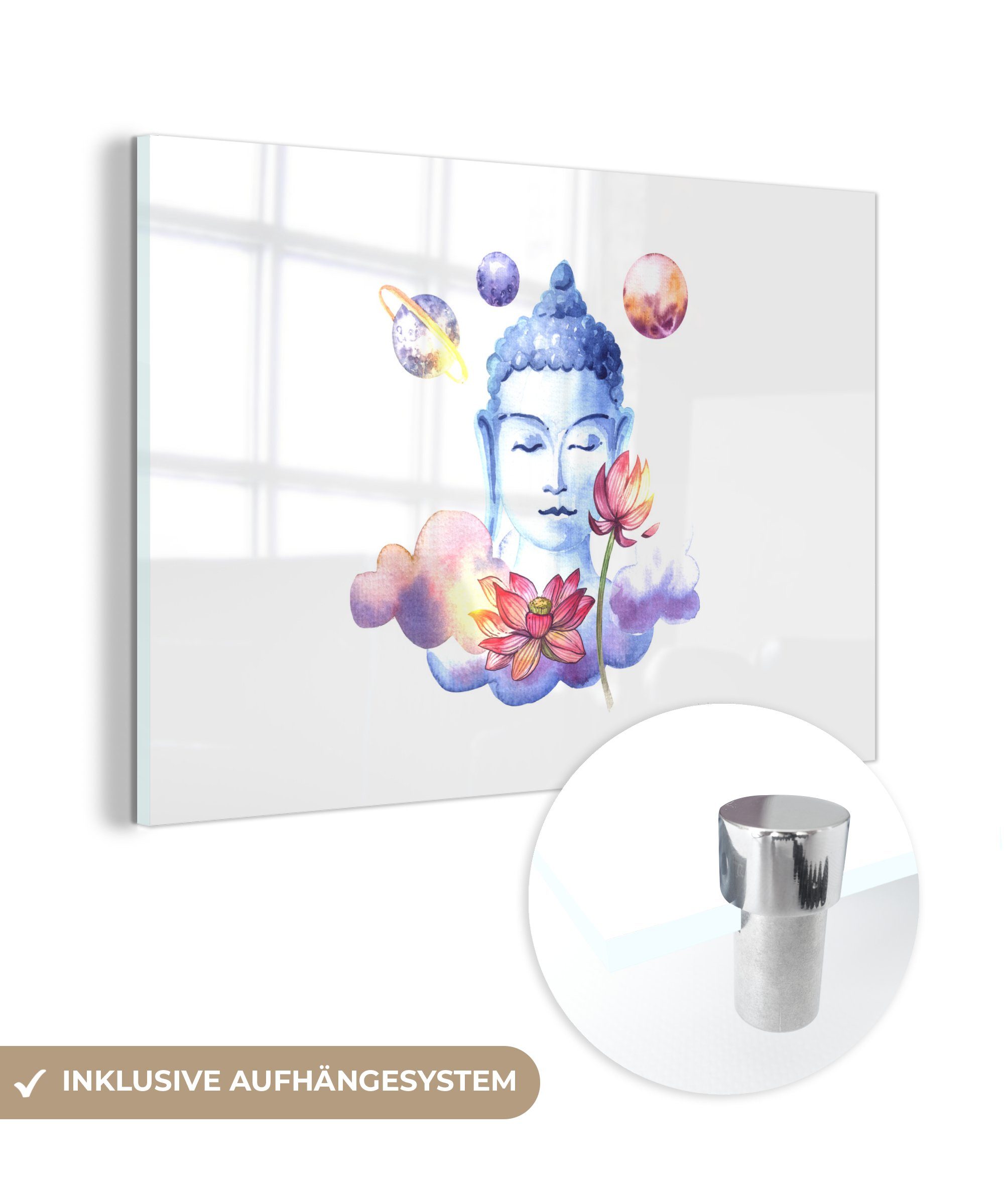 MuchoWow Acrylglasbild Buddha - Kopf - Planeten, (1 St), Acrylglasbilder Wohnzimmer & Schlafzimmer