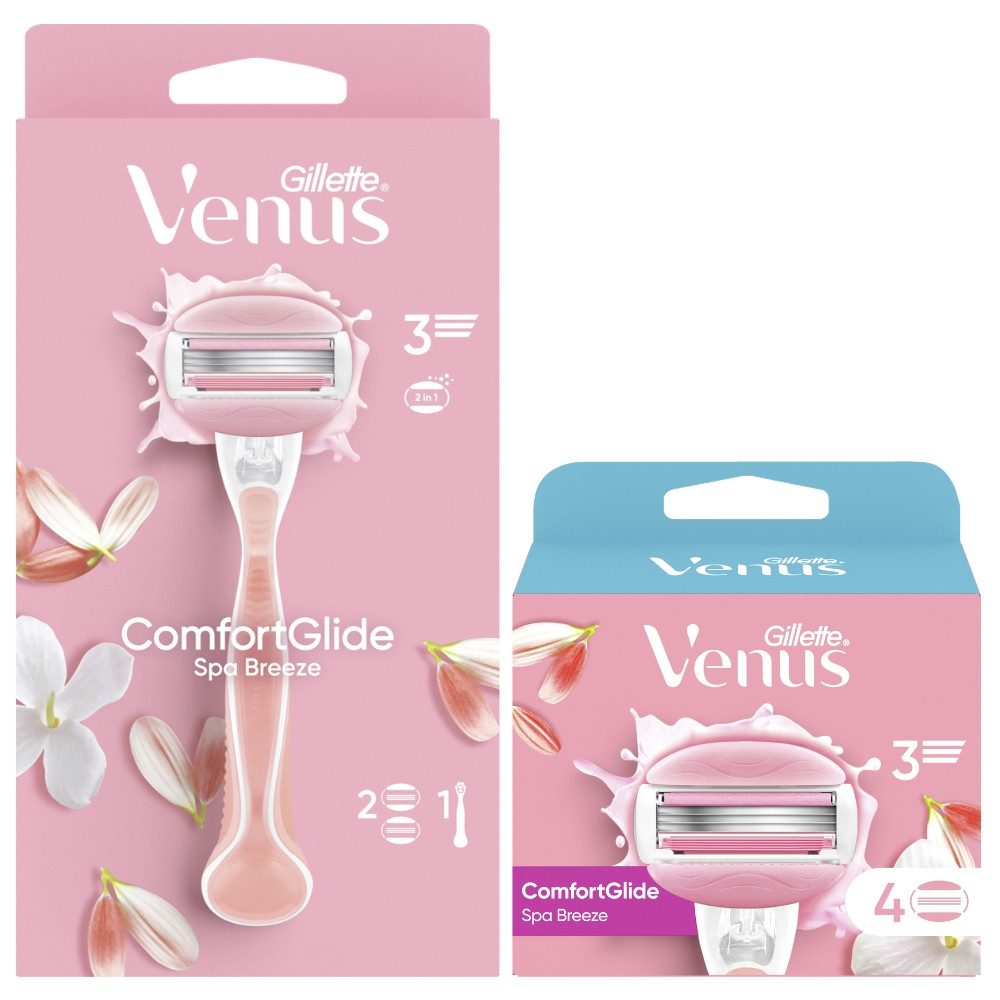 Gillette Venus Nassrasierer Gillette Venus Comfortglide Spa Breeze Rasierer + 6 Klingen Set, 7-tlg., Weißer-Tee-Duft, integrierte Gelkissen, hautschonende Rasur