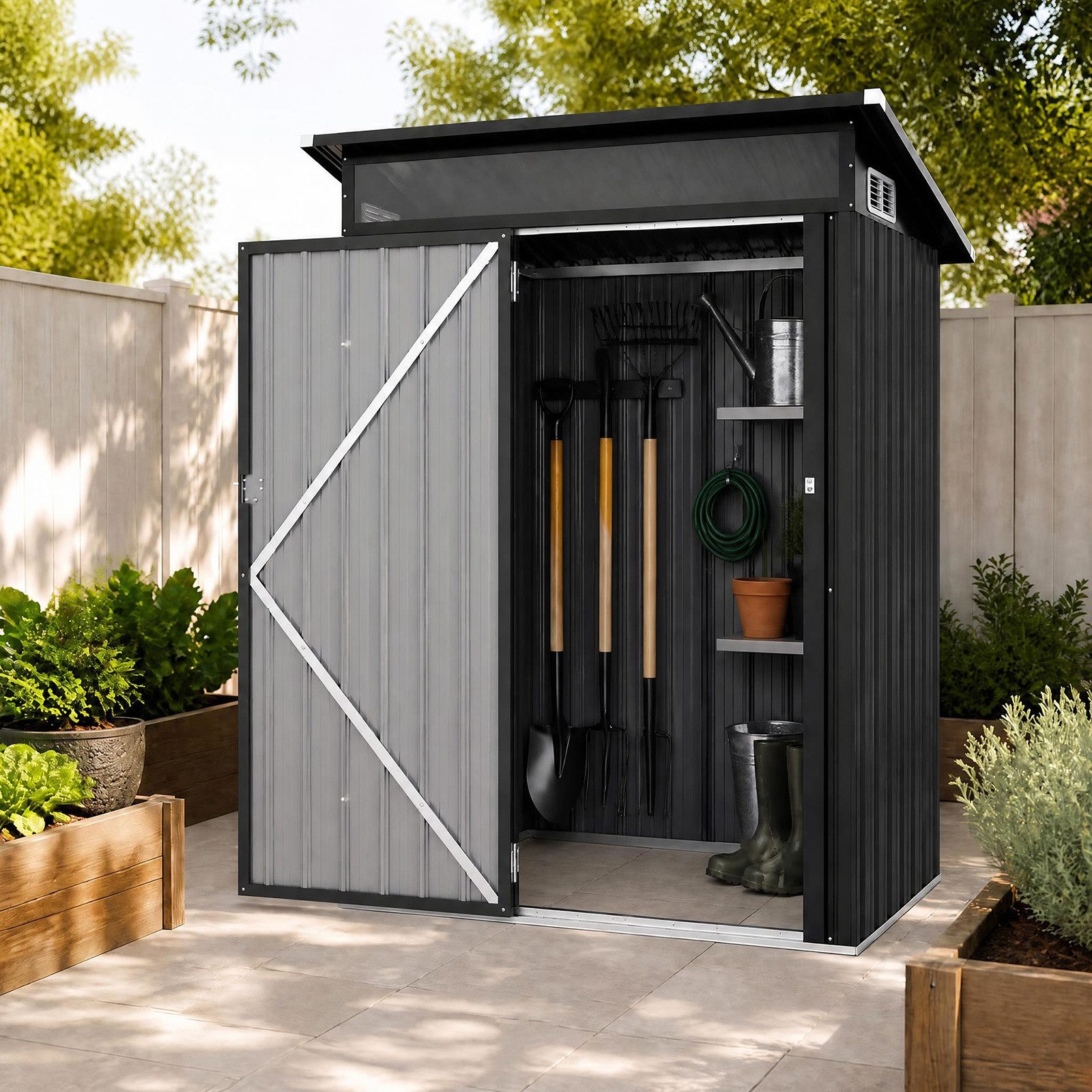COSTWAY Geräteschrank Gartenhaus für Holz, Mülltonne und Werkzeuge, 150x89x185 cm
