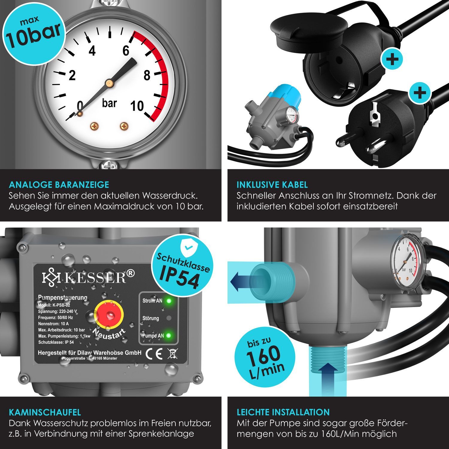 KESSER Wasserpumpe, Pumpensteuerung mit Baranzeige mit Kabel 10 bar Druckwächter