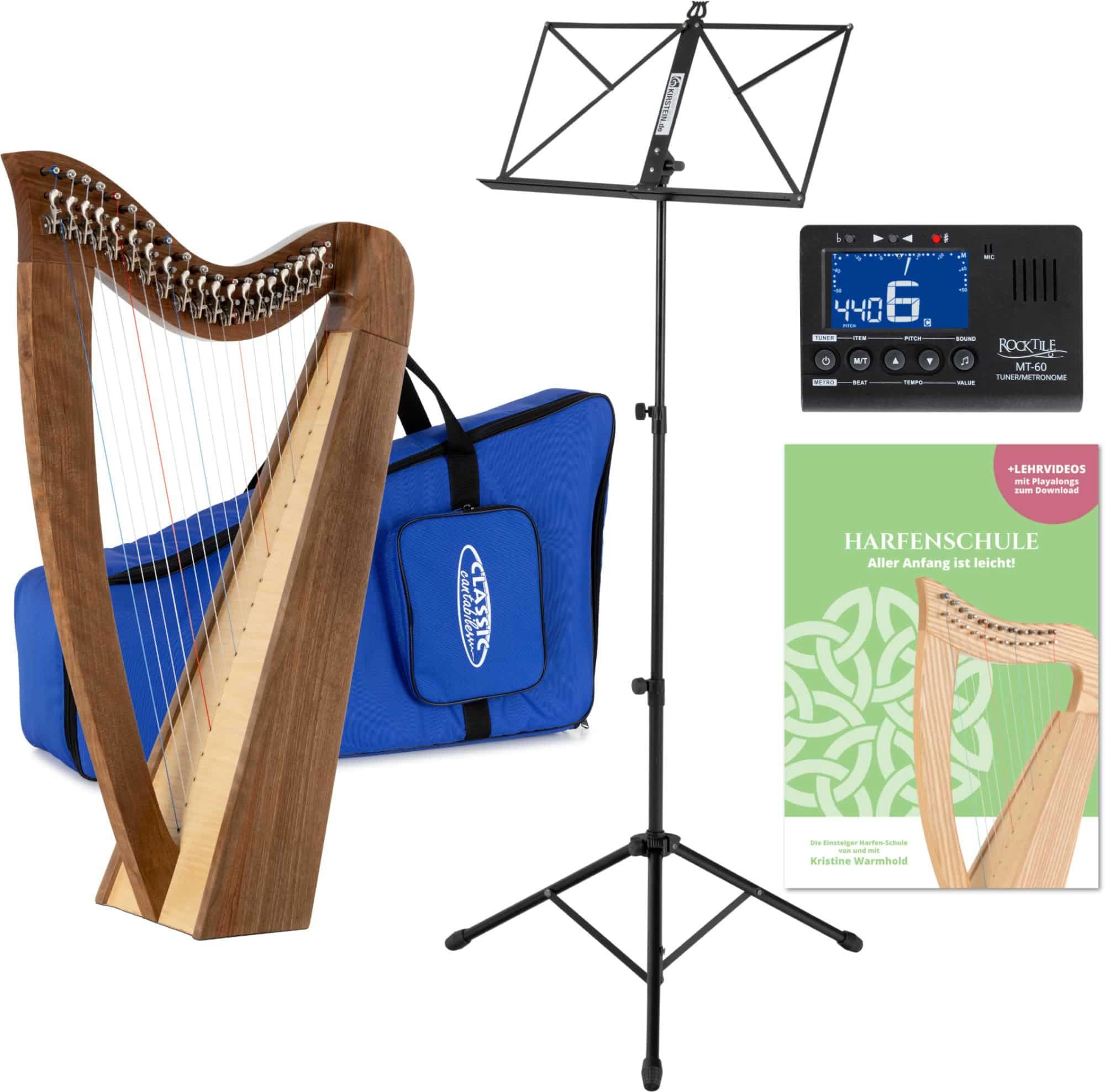 Classic Cantabile Konzertgitarre Keltische Harfe Set mit 19 Saiten, Metro-Tuner, Harfenschule, Notenständer, Tasche & 2 Stimmschlüssel, Celtic Harp aus Walnussholz- Es-Dur gestimmt