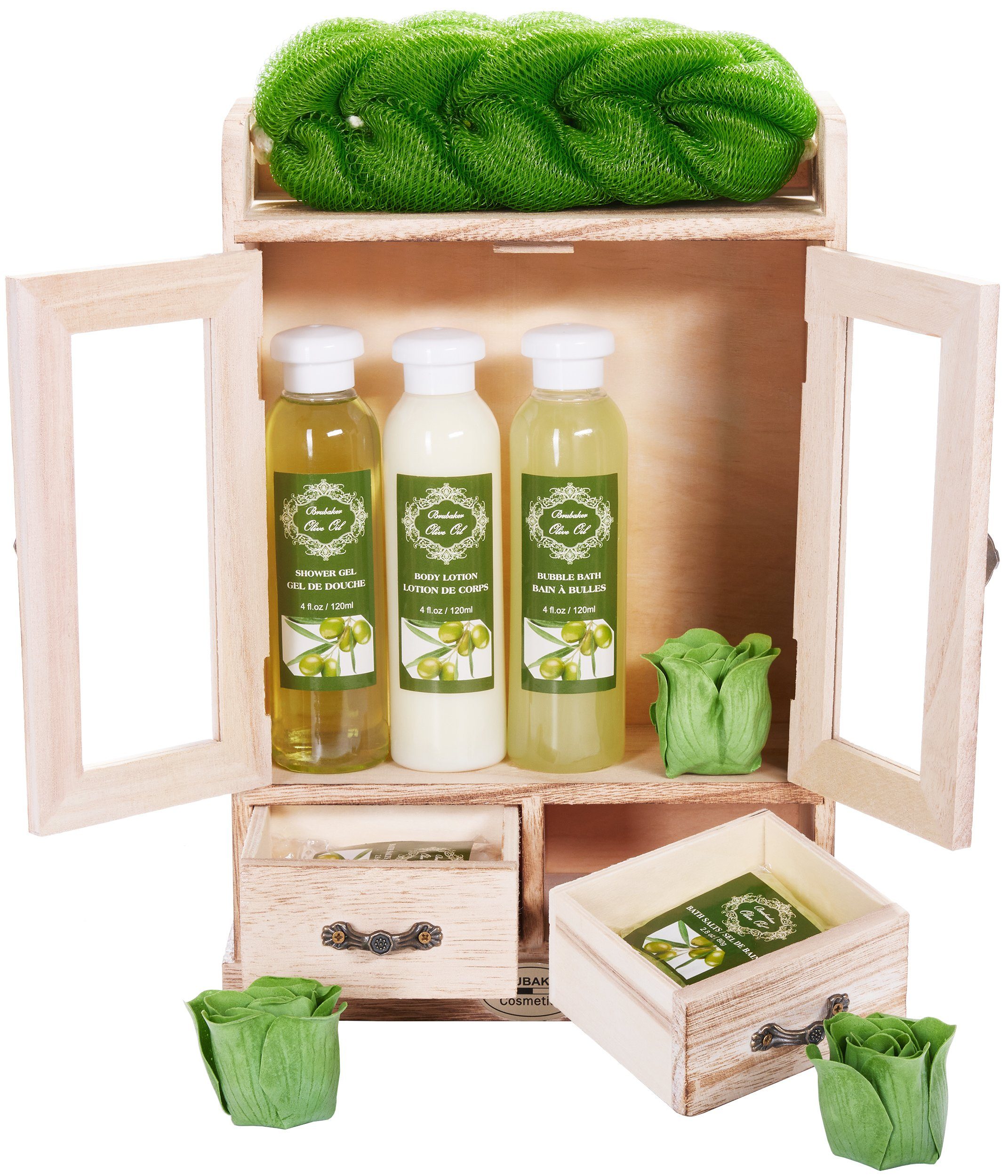 BRUBAKER Hautreinigungs-Set Bade- und Dusch Set - Pflegeset Oliven Duft, Badeset, 10-tlg., Damen Geschenkset im Vintage-Schränkchen, reinigend und pflegend