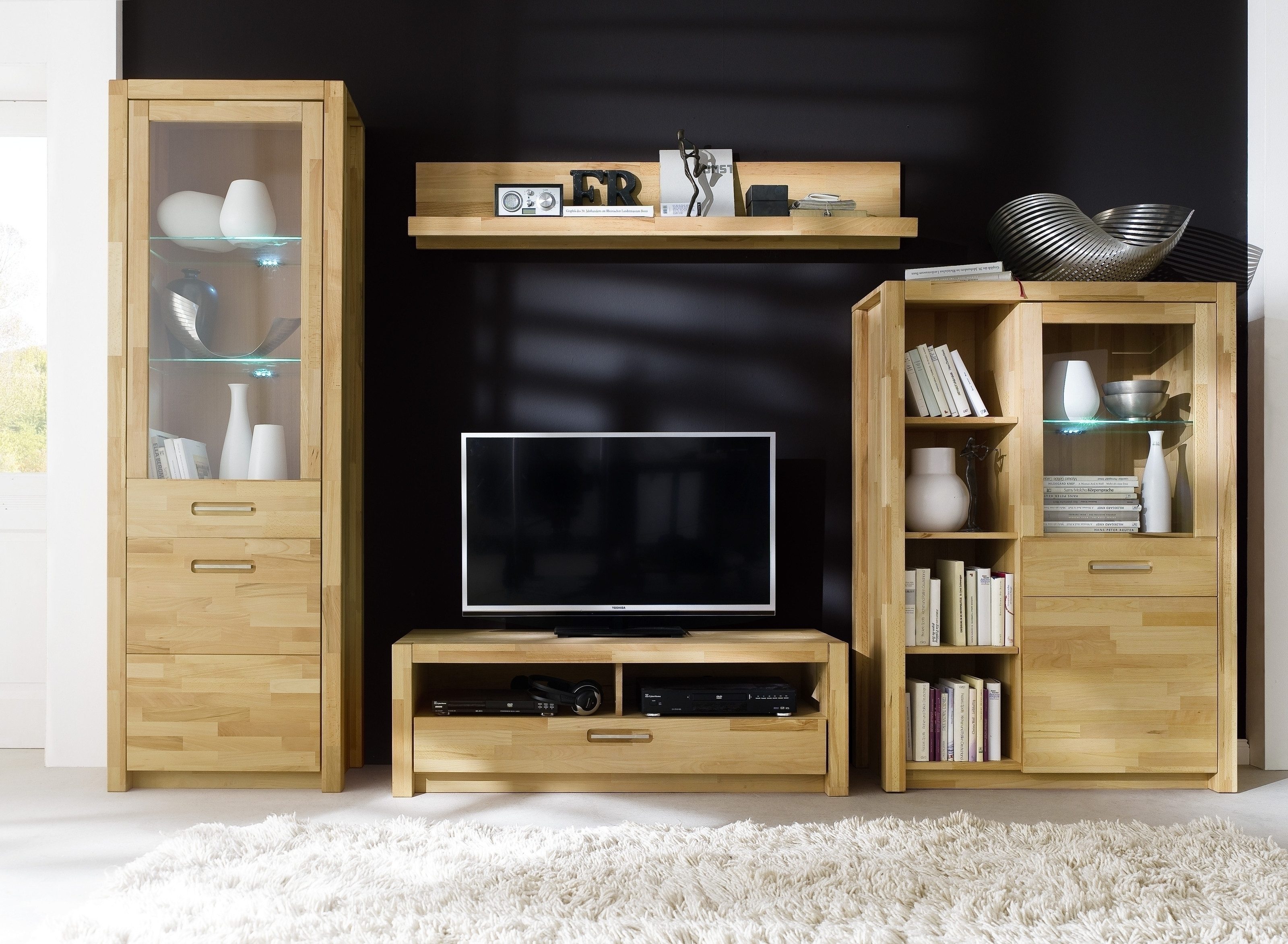 freiraum Wohnwand Fenja, (4-teilig), (4-teilig) in Kernbuche massiv - 309x203x46 (BxHxT)