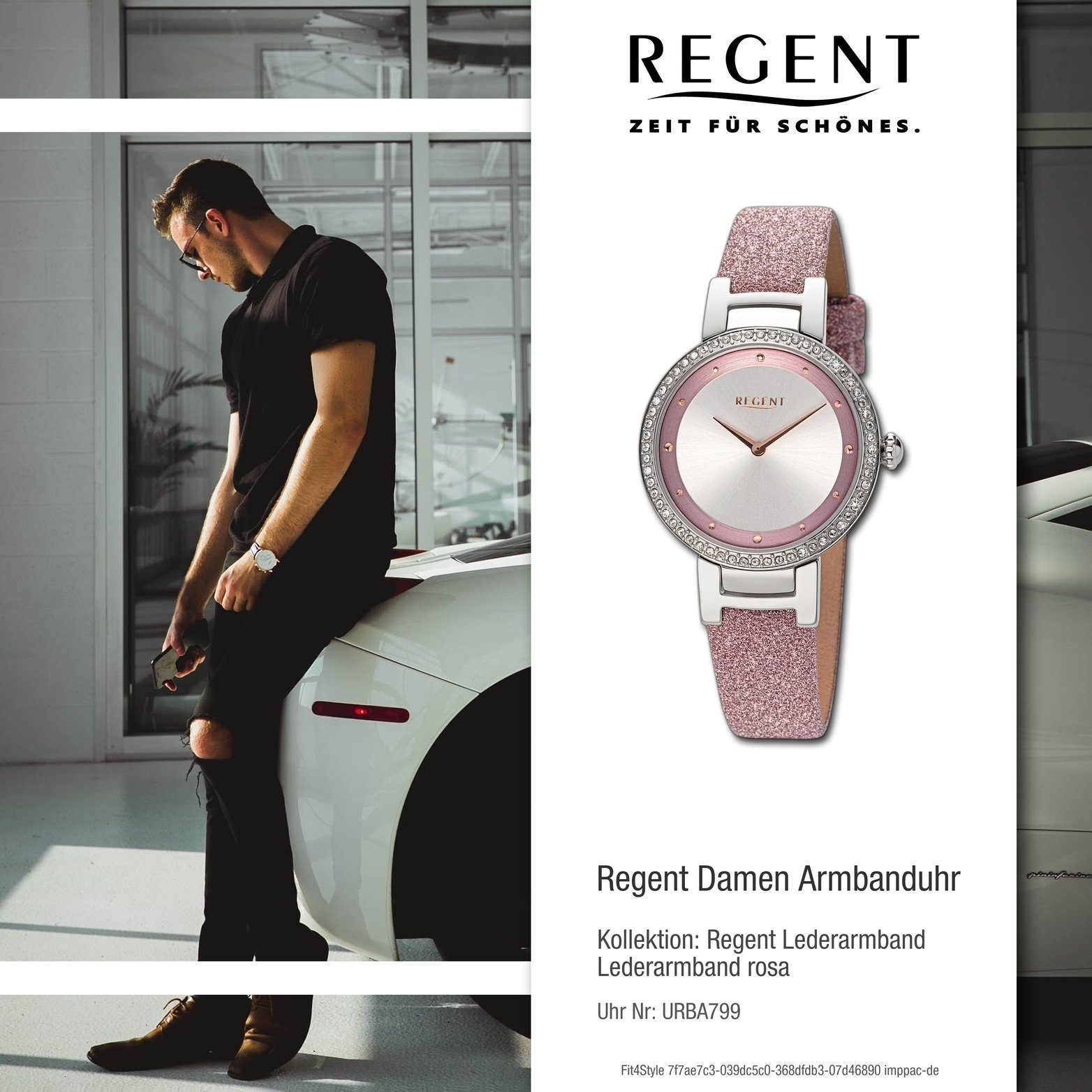 Quarzuhr rosa, (ca. Damen Regent groß extra Damenuhr Analog, Gehäuse, Lederarmband Armbanduhr rundes Regent 33mm)