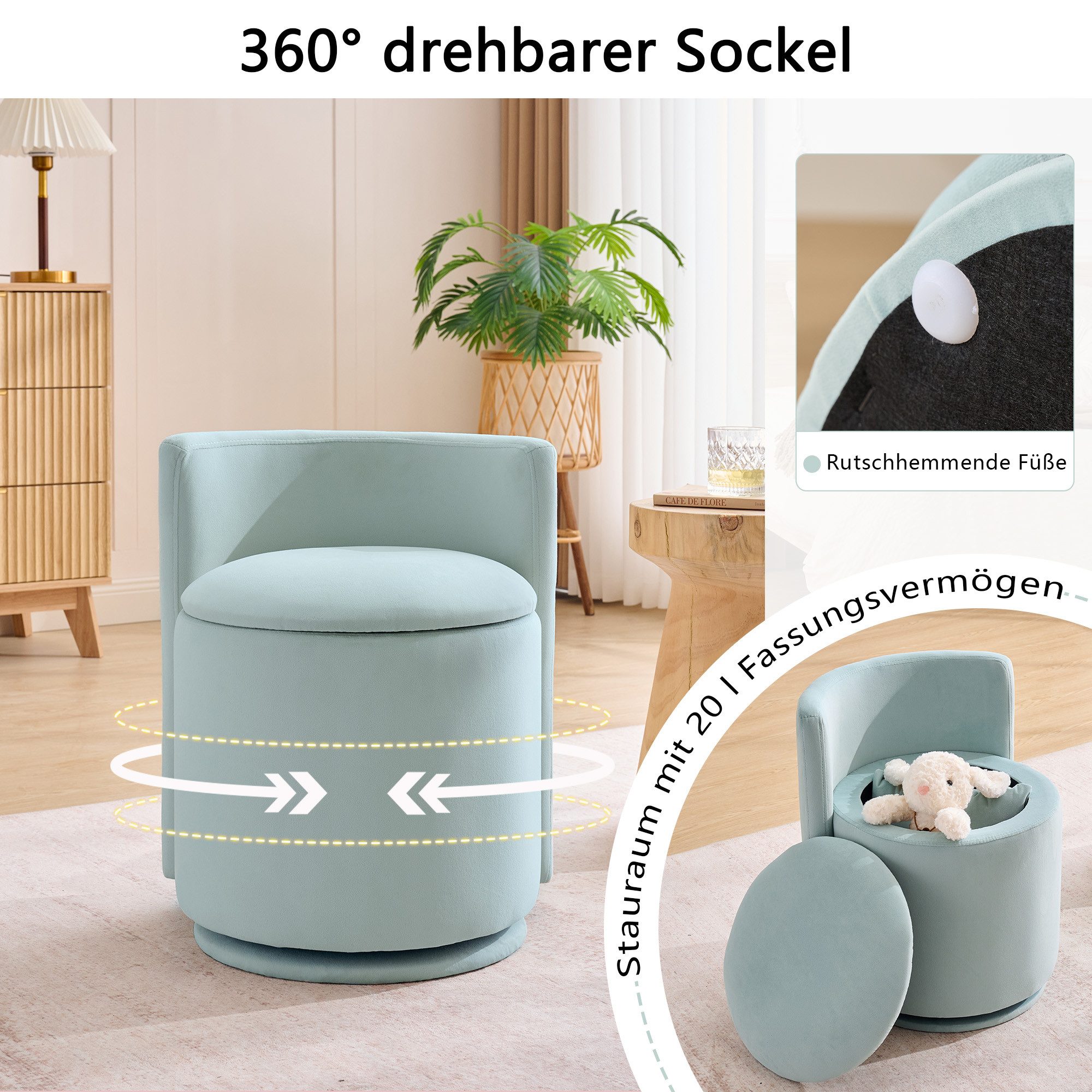 BlingBin Polsterstuhl Schminkhocker, Schminkstuhl Sessel 360° Drehbar mit Stauraum (1 Stück, 1 St), Moderner Relaxsessel mit Rückenlehne für Wohnzimmer