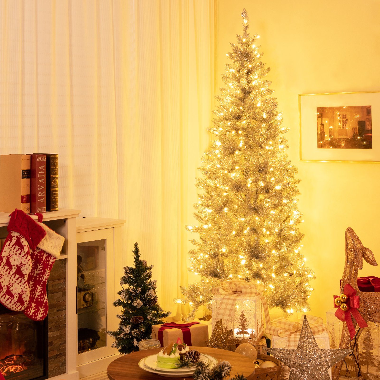 Künstlicher silber 790 Spitzen, & 180cm COSTWAY LEDs Weihnachtsbaum, 300 mit