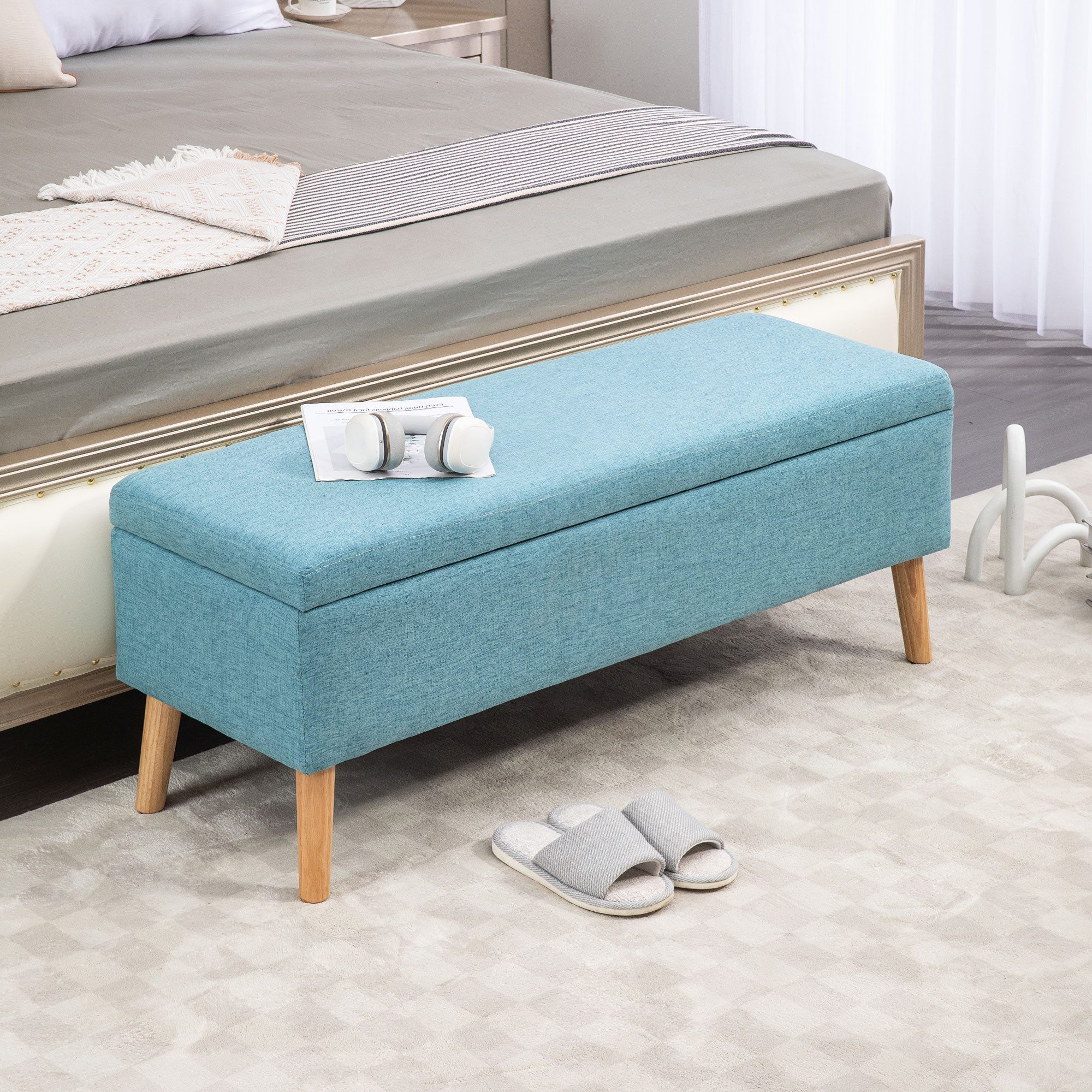 HOMCOM Sitzbank mit Stauraum, 110 x 39 x 45 cm (Truhenbank, 1-St., Polsterbank), Gummiholz Blau 110 x 39 x 45 cm