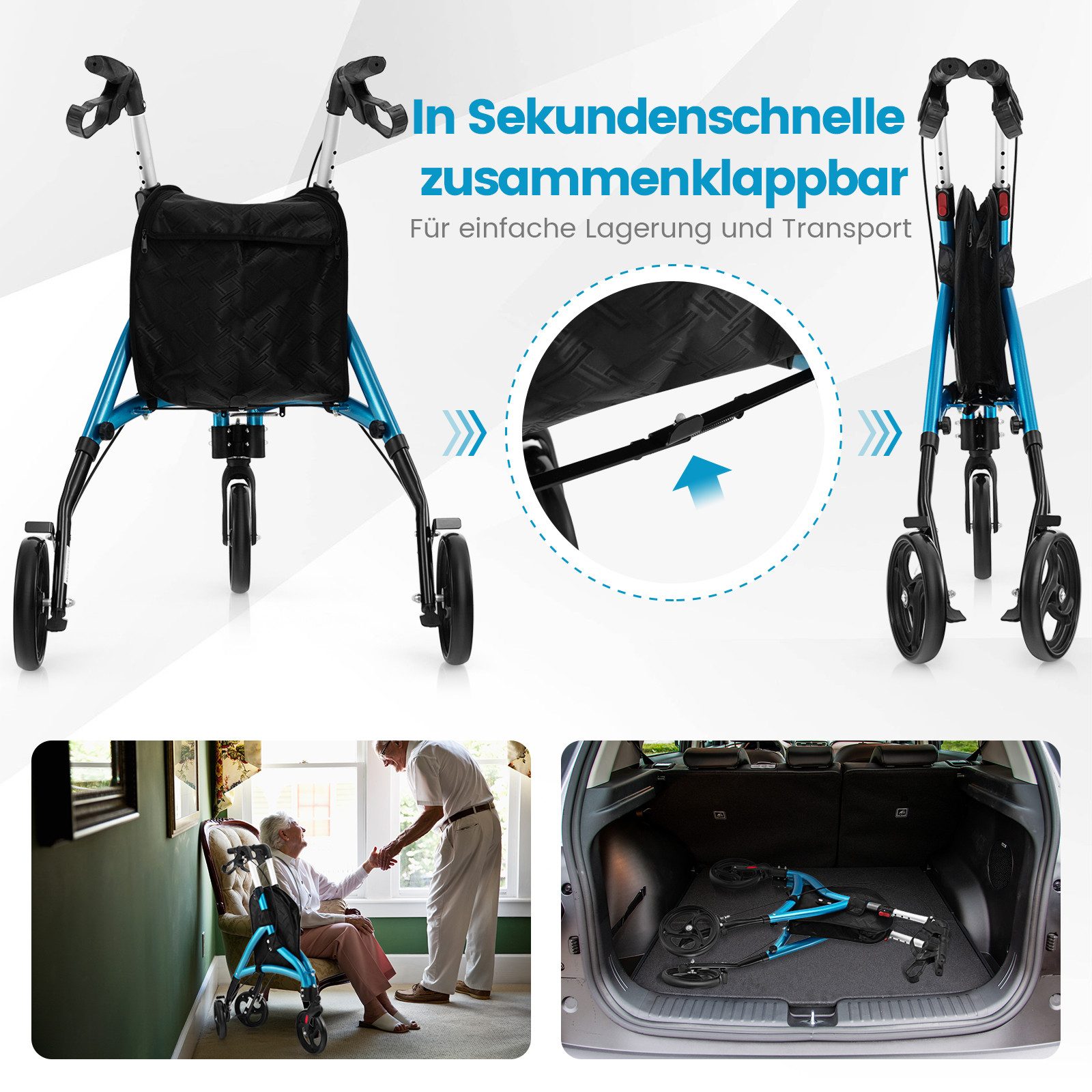 COSTWAY Rollator, Leicht und faltbar, mit großen Rädern, bis 150 kg
