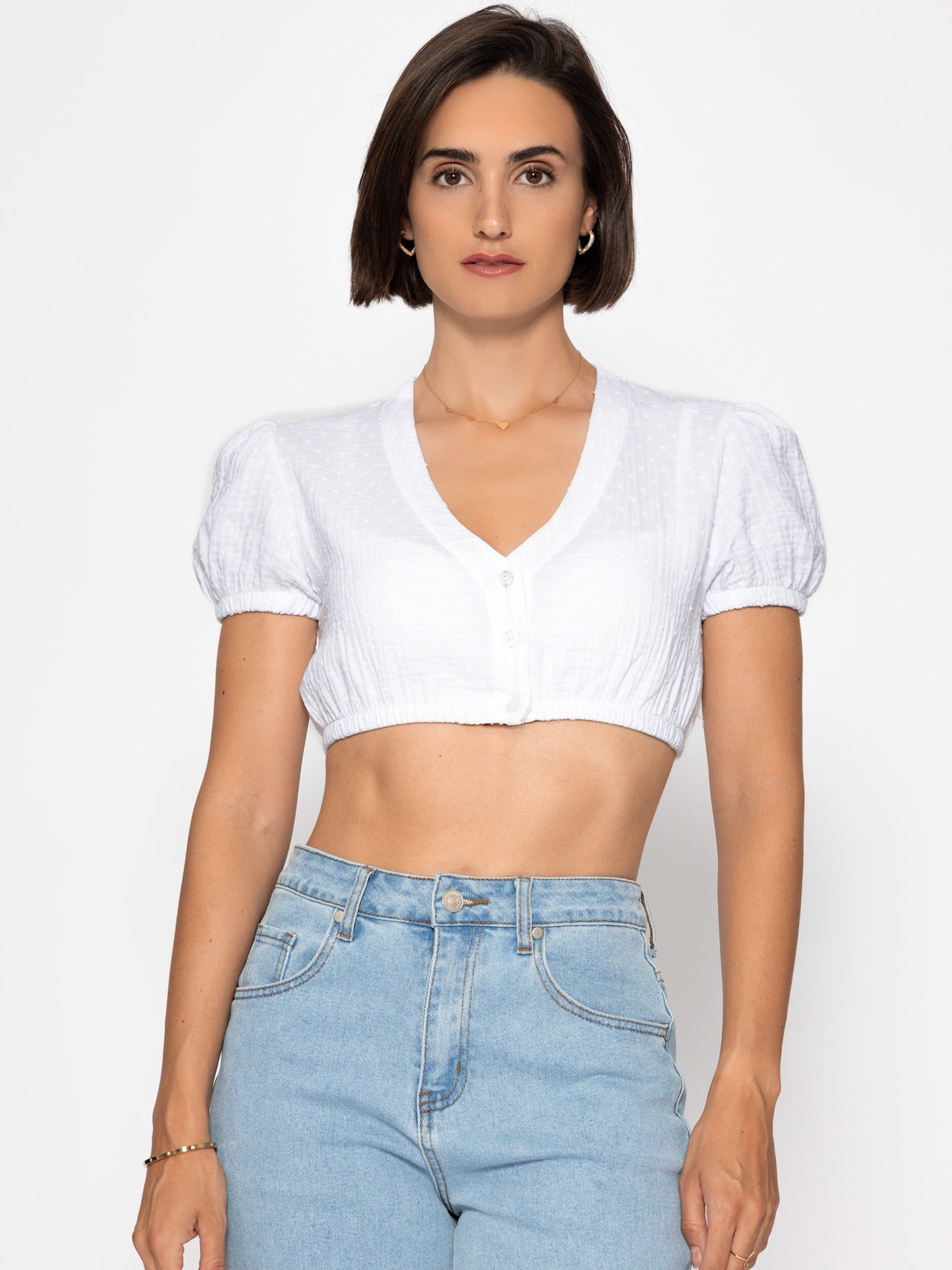 SASSYCLASSY Dirndlbluse Dirndlbluse aus Musselin mit Tupfen für Damen Traditionelle Trachtenbluse mit V Ausschnitt und Puffärmeln Weiß