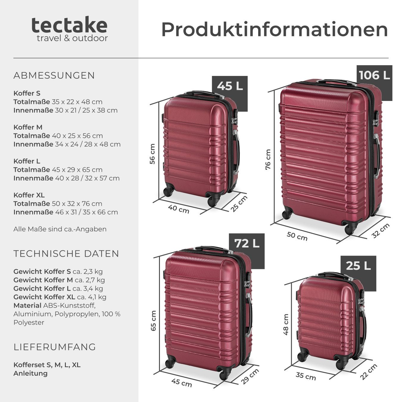 tectake Trolley Hartschalenkoffer-Set aus robustem ABS-Kunststoff mit Teleskopgriff, 4 Rollen, 360° drehbare, abnehmbare Rollen, mit Sicherheits-Zahlenschloss