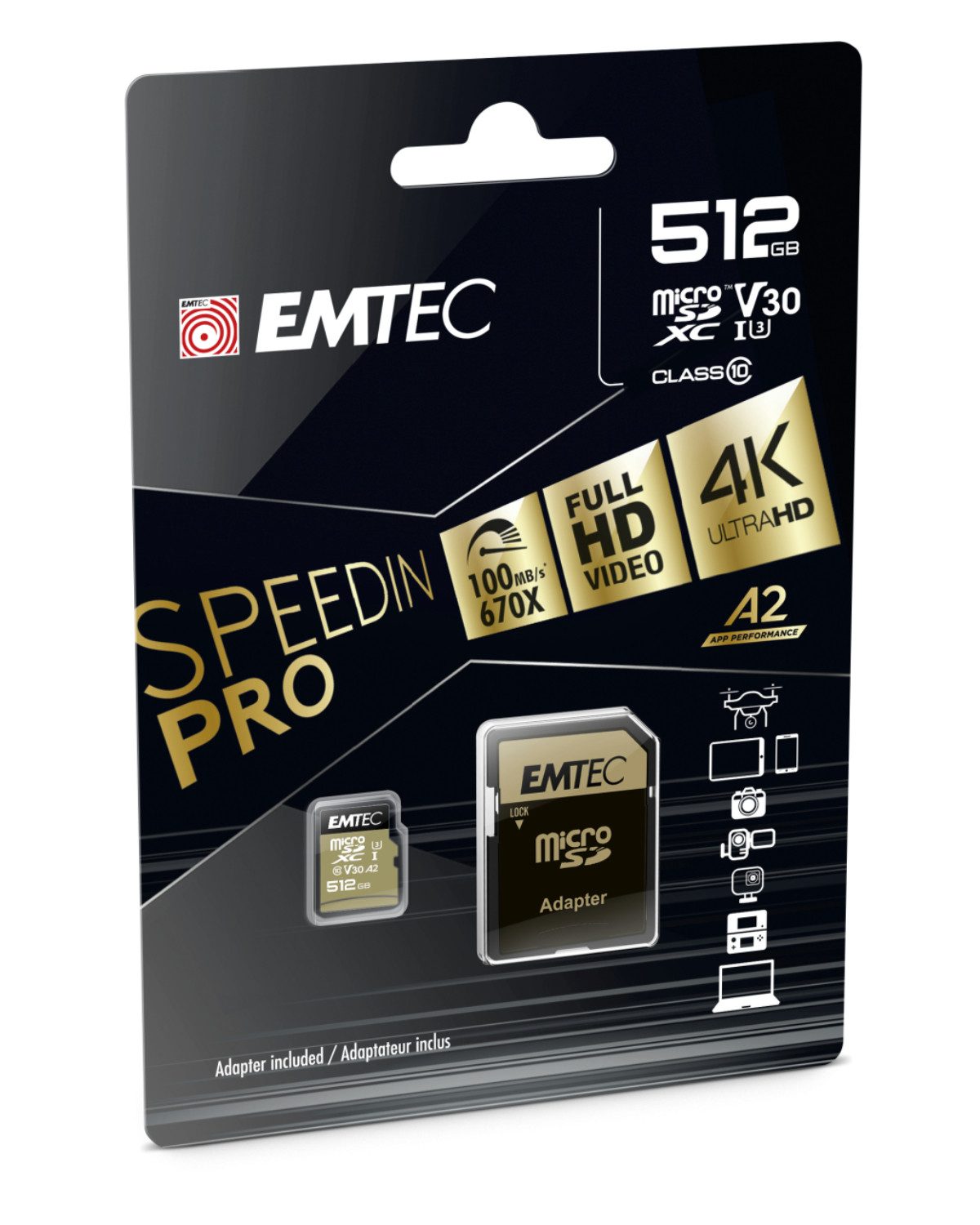 EMTEC UHS-I U3 V30 SpeedIN Pro Speicherkarte (512 GB, Class 10, 100,00 MB/s Lesegeschwindigkeit, inkl. SD-Karten-Adapter)