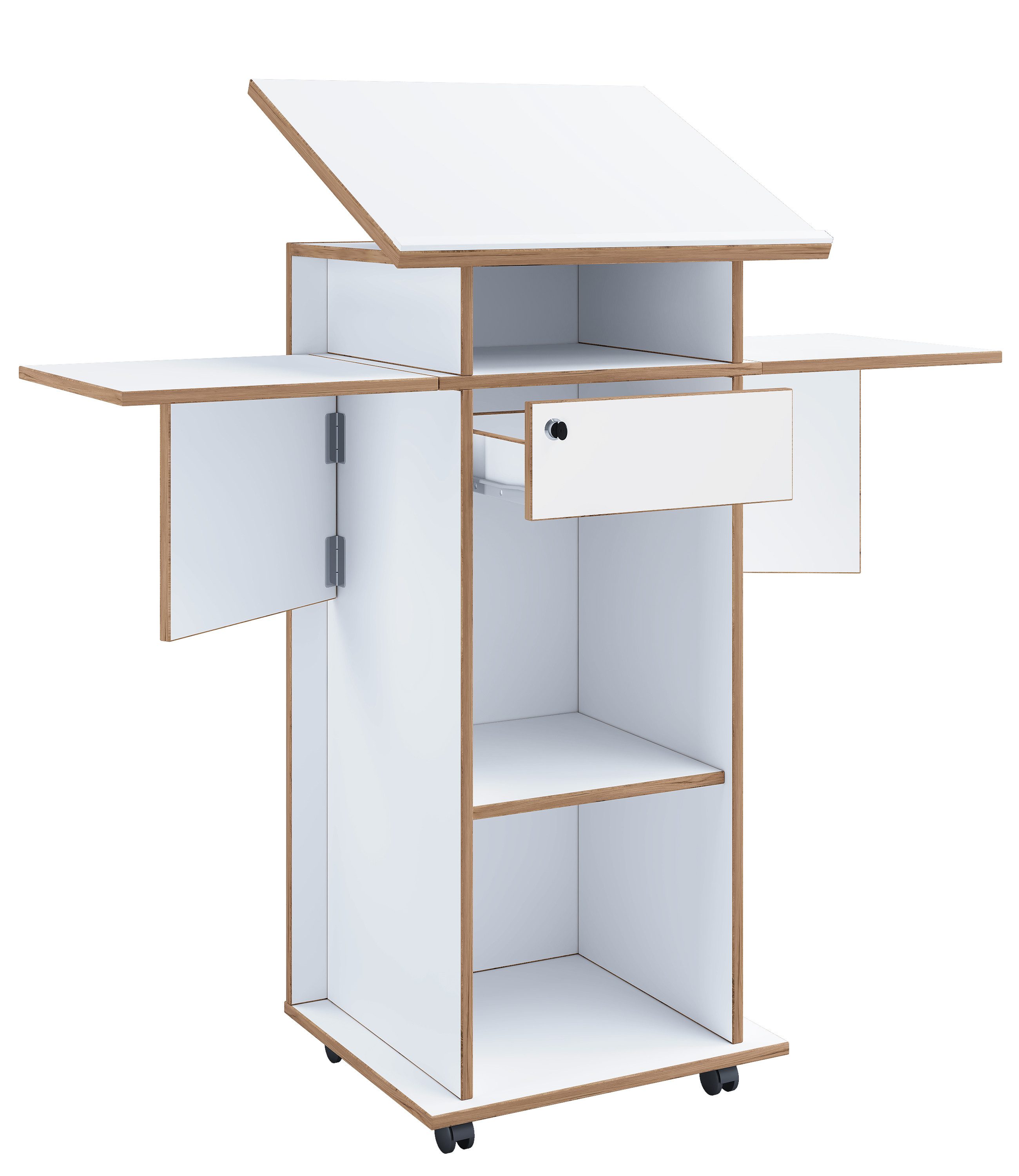 VCM Stehpult Rednerpult Salia H. 107 bis 128 cm x B. 60 bis 123, Holz mobiles Rednerpult, rollbar mit Schublade, Stehtisch, Schreibpult