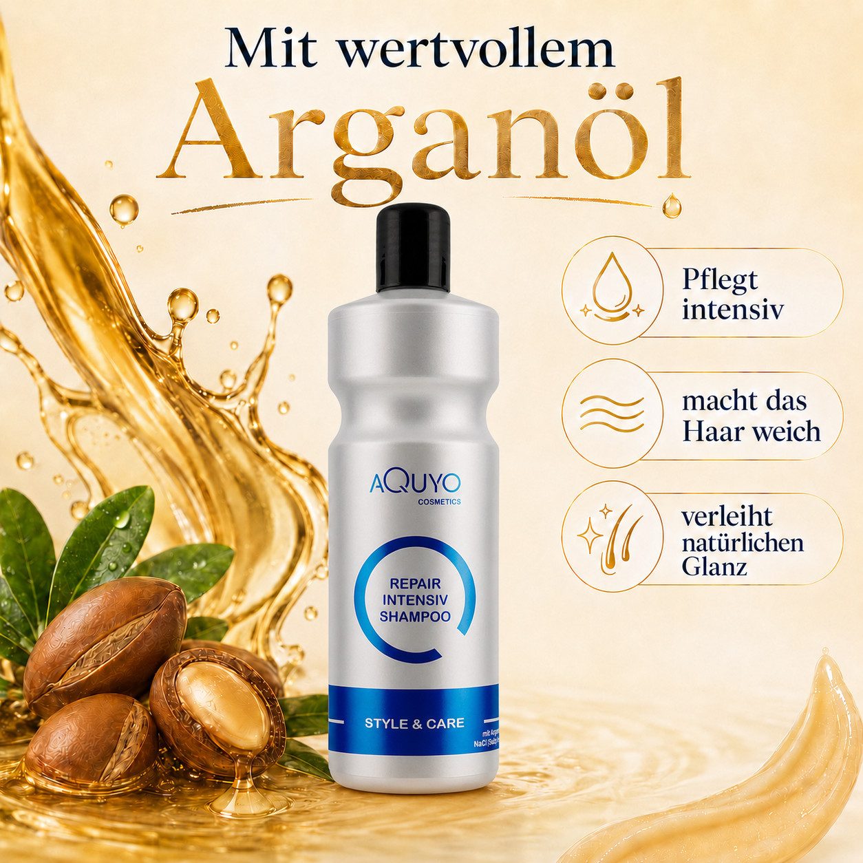 AQUYO Cosmetics Kopfhaut-Pflegeshampoo Arganöl Shampoo für geschädigtes, poröses oder strapaziertes Haar