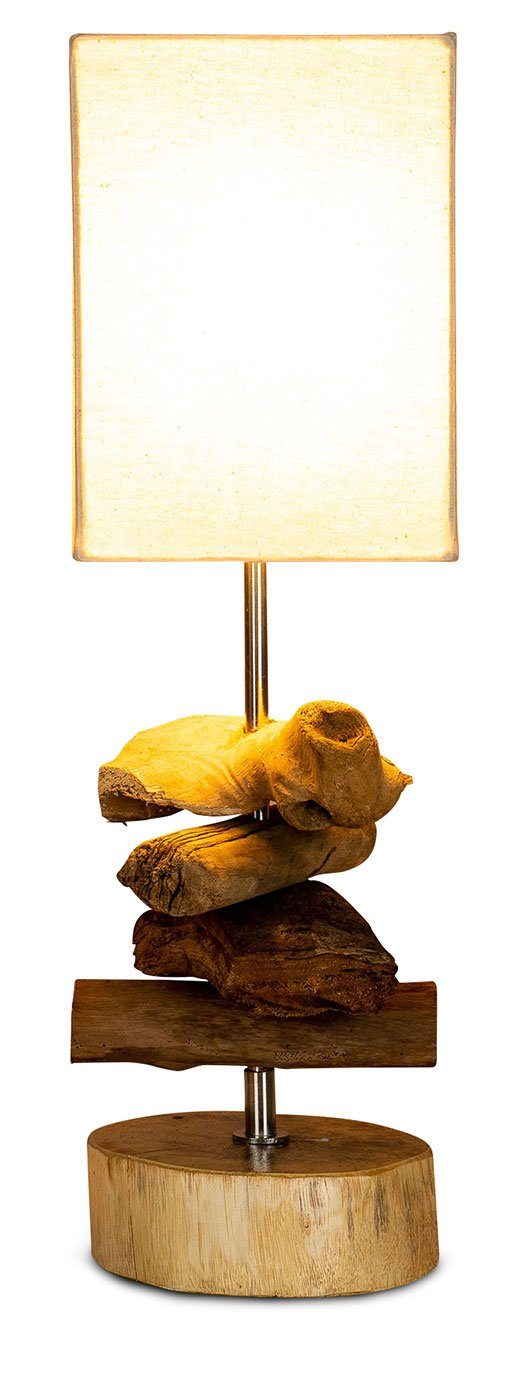 Tischlampe Aus Treibholz & Teak – Höhe 42 Cm, Mit Beigem Baumwollschirm, E27 Fassung – Jedes Stück Ein Unikat