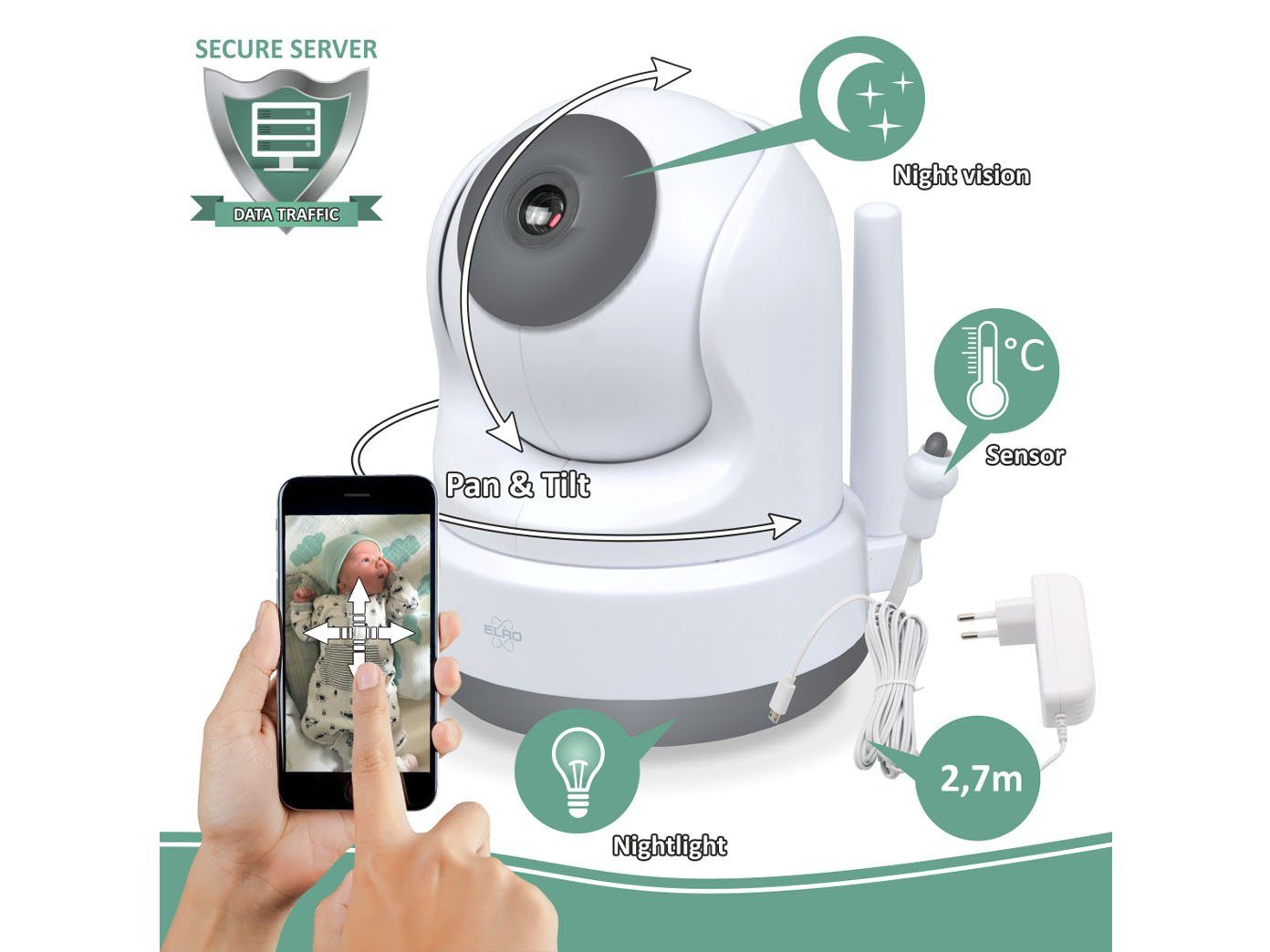 Elro Video-Babyphone, Nachtlichtfunktion & übers & mit Kamera Gegensprechfunktion Cam Baby 3 Monitor, Handy steuern Schlaflieder