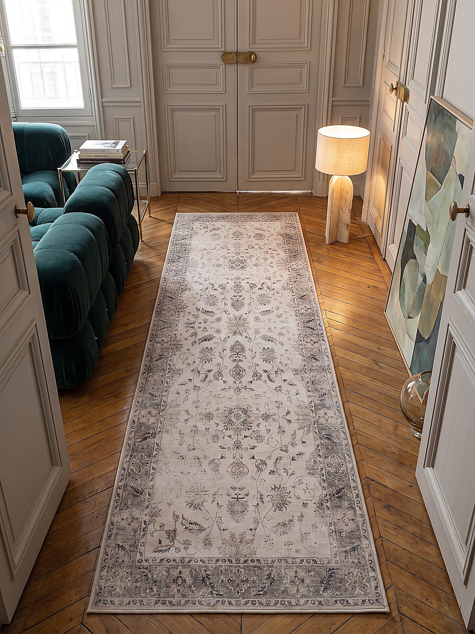 KADIMA DESIGN Teppich VERNANTE waschbarer Kurzflorteppich Blütenrosette Bordüre Vintage, Läufer, Höhe: 5 mm, 80x150 cm, Beige-Grau, 100 % …
