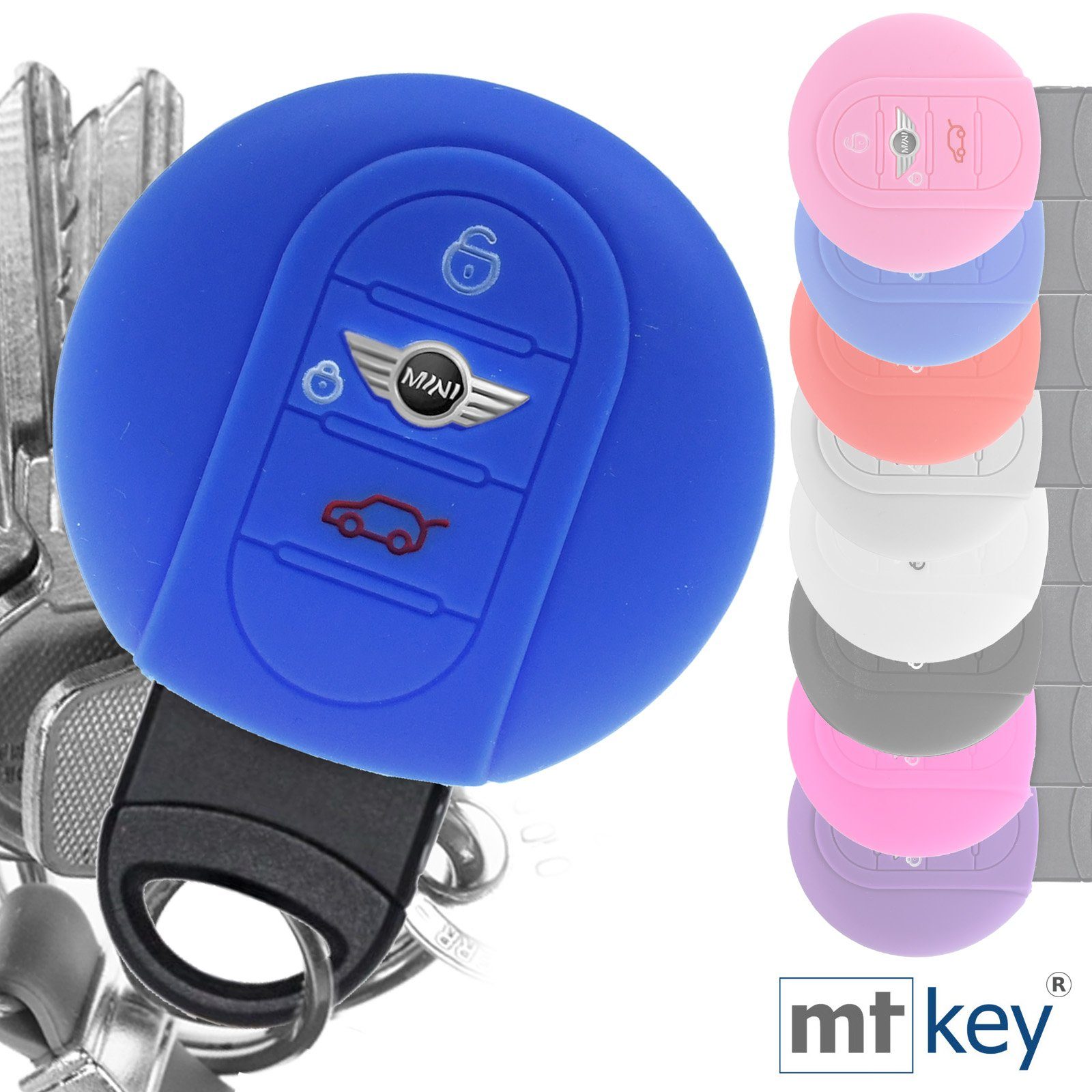 KEYLESS Tasten F57 F54 F55 Silikon für 3 Schlüsseltasche Schutzhülle mit Schlüsselband, F56 Countryman mt-key Autoschlüssel Clubman Mini F60 Blau Softcase