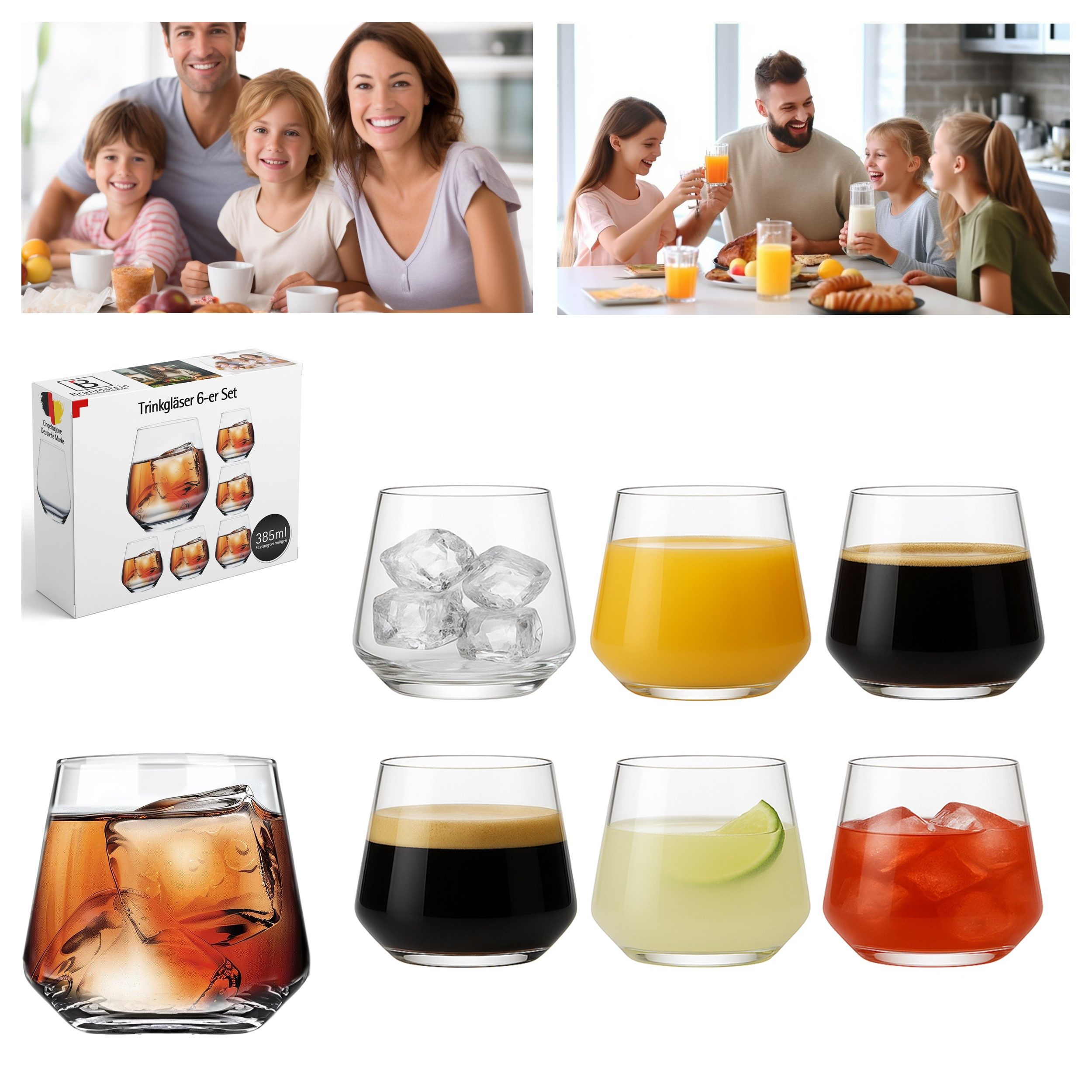 Brahmstein Gläser-Set Trinkgläser Set Wassergläser 6er Set für Cocktails Wasser, Softdrinks, 6-tlg., 6-teilig, Wassergläser-Set, 385ml