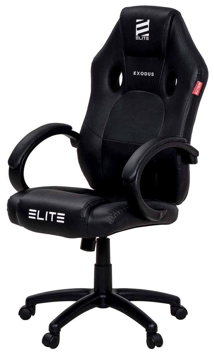 ELITE Gaming Gaming-Stuhl Ergonomischer Gamingstuhl Exodus Bürostuhl inkl. XXL Sitzfläche (Drehstuhl mit verriegelbare Wippmechanik, Armpolster, verstellbare Sitzhöhe, Sicherheits-Doppelrollen, 5-Stern Fußkreuz, 360 Grad horizontal drehbar, PVC Memory-Schaum, Sicherheitsgasdruckfeder, Hohe Belastbarkeit bis 150 kg, Drehsessel, Racing Chair, Gaming Chair, Computerstuhl, Racingstuhl, Pflegeleicht, hochwertige Verarbeitung, Computer Stuhl mit Racing-Design 1 St), 1 St), Zockerstuhl mit hoher Rückenlehne-Gaming Stuhl-Home Office Schwarz