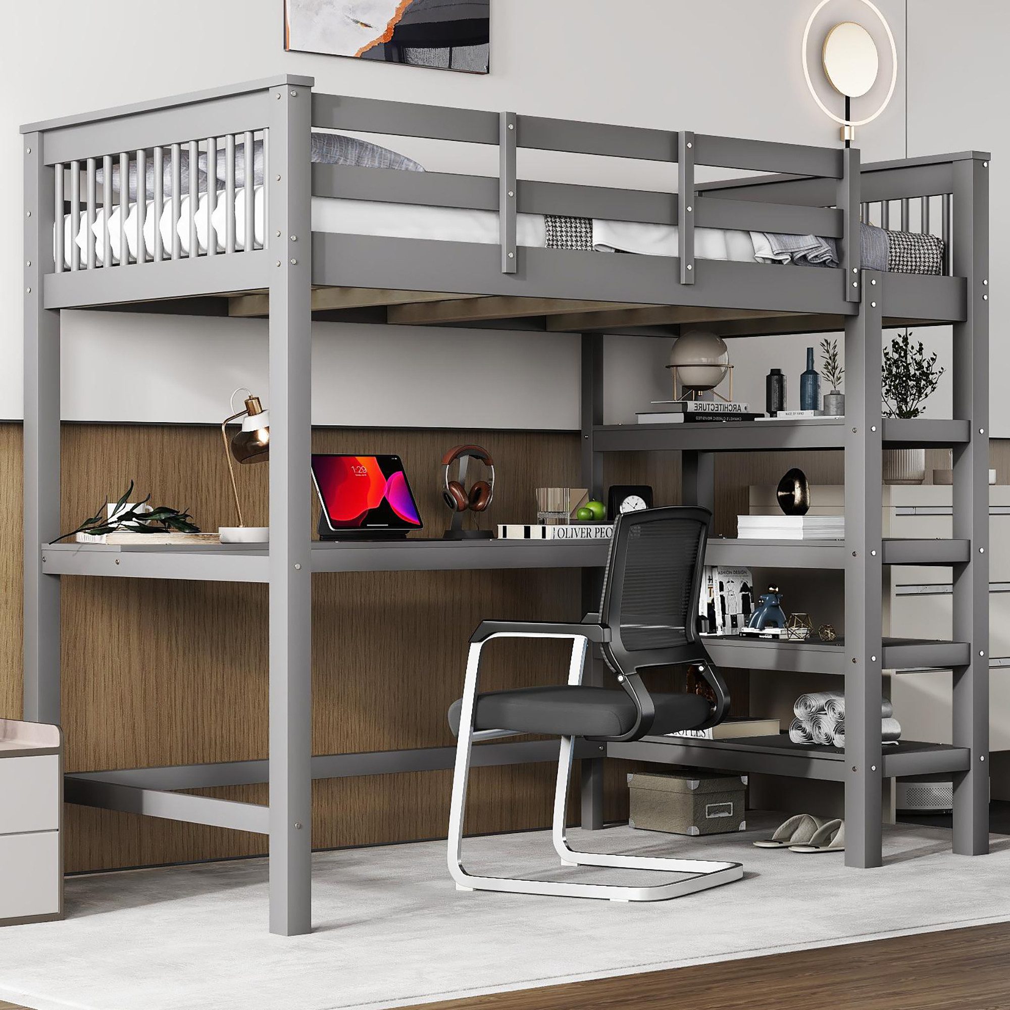 Hochbett mit Schreibtisch und Bücherregal