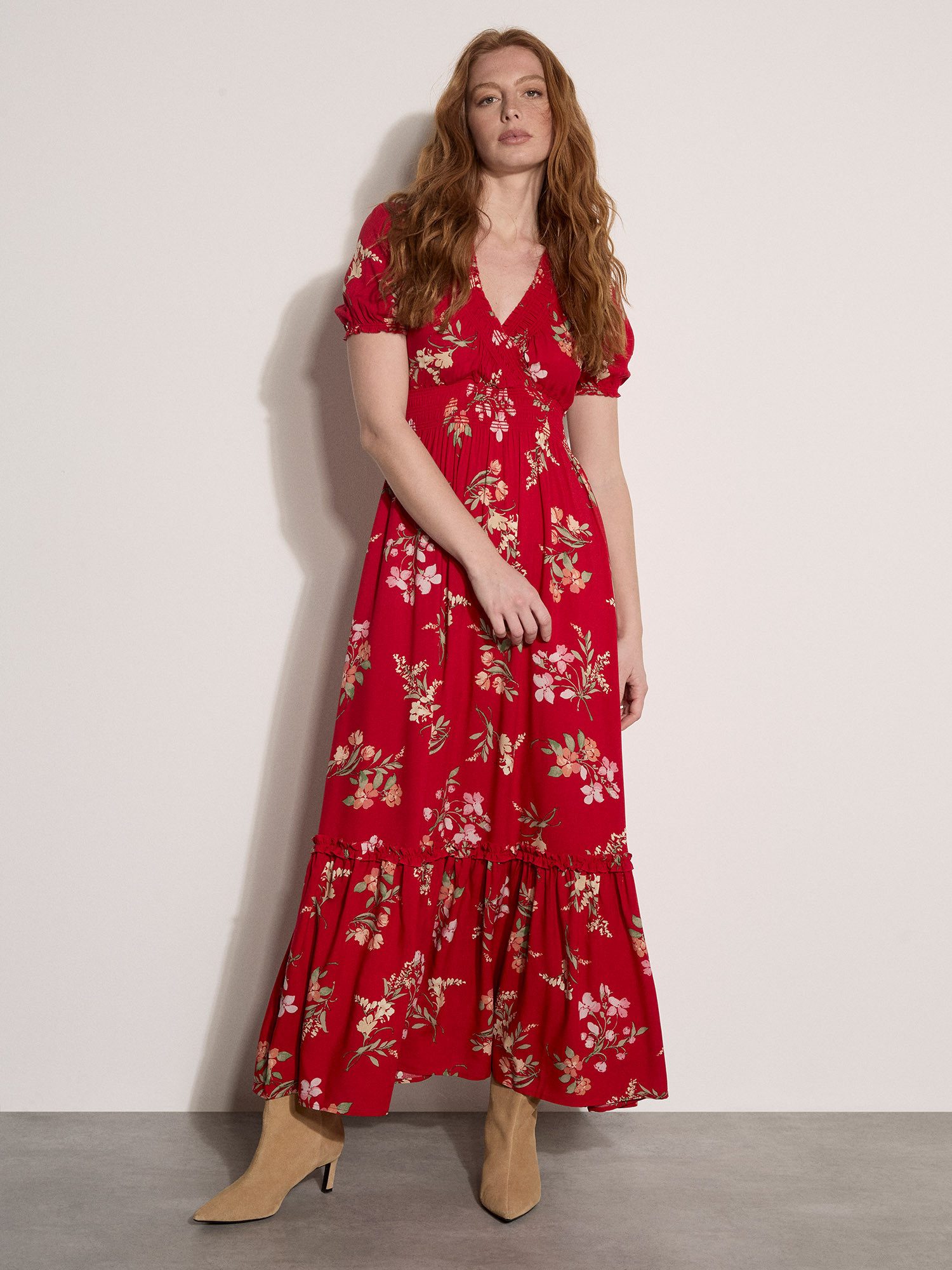 Apricot Maxikleid Maxikleid in Aquarelloptik mit Smockdetails