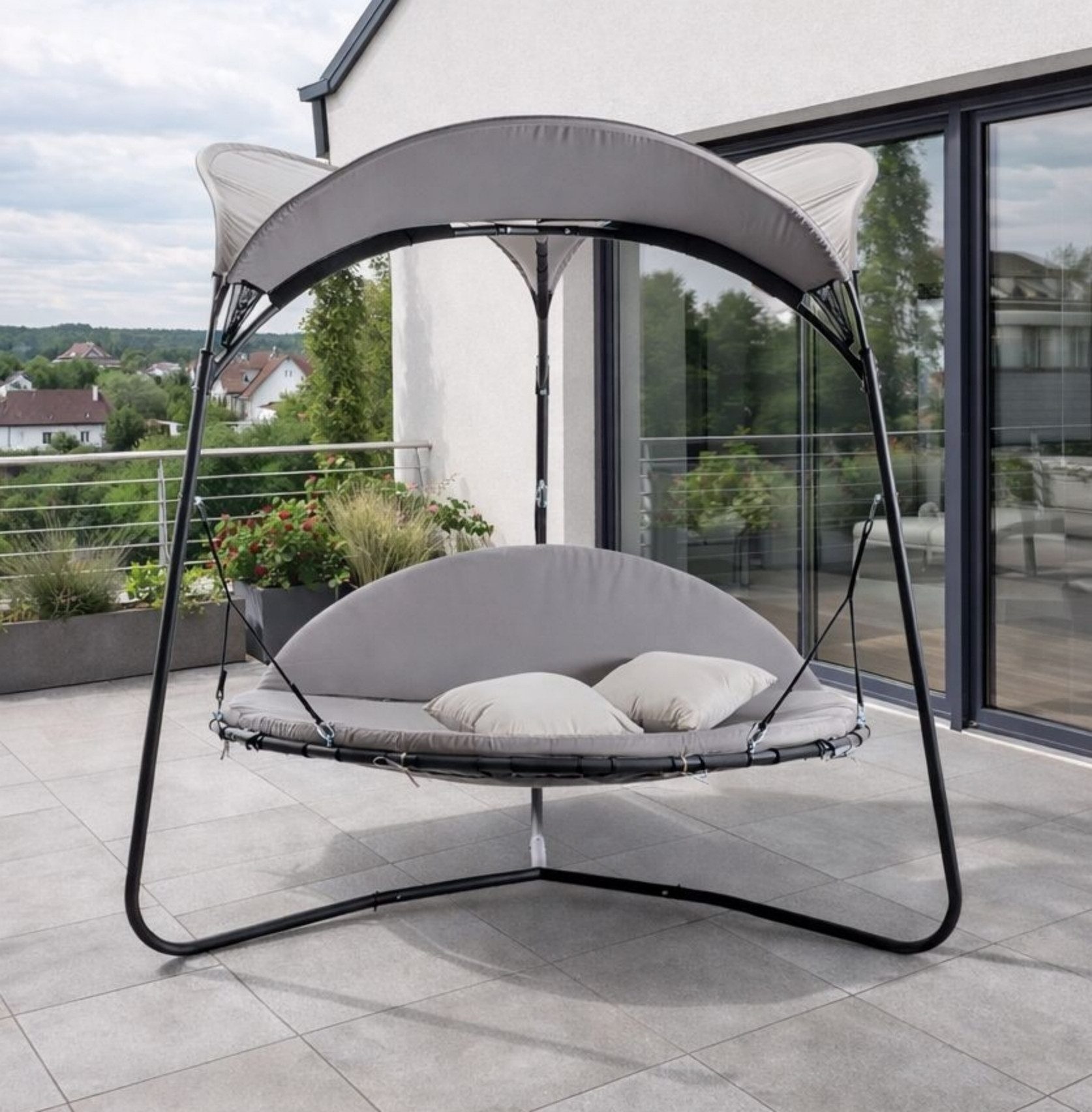 Leco Gartenliege Luxusschaukelbett Doppelliege MAREIKE grau mit Polster und Kissen, verstellbare Rückenlehne