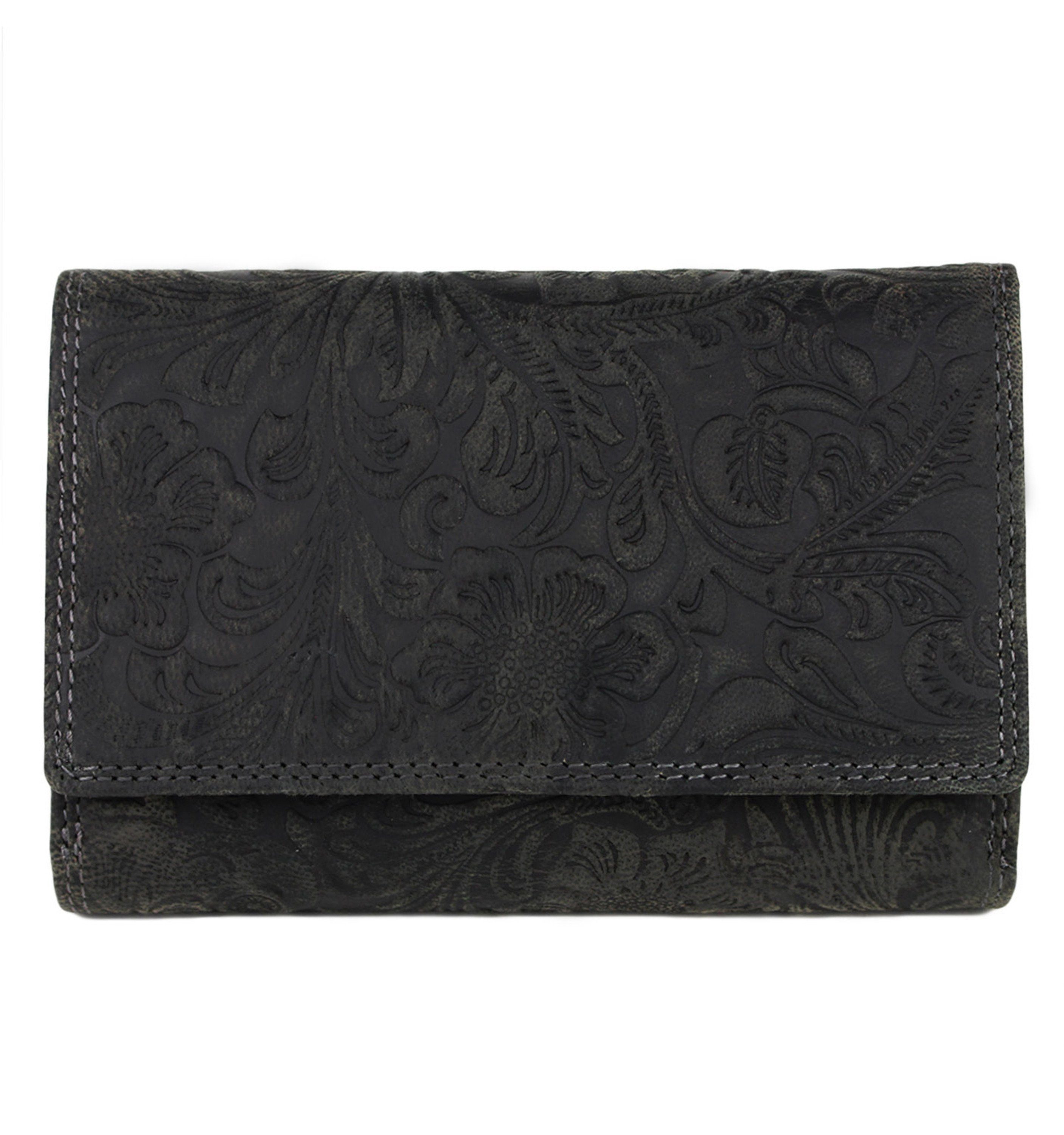 Schompi Geldbörse Leder Portemonnaie Elegant mit geprägtem Blumen Paisley Muster, Damenbörse Lederbörse Querformat Kompakt Mittelgroß RFID Schutz