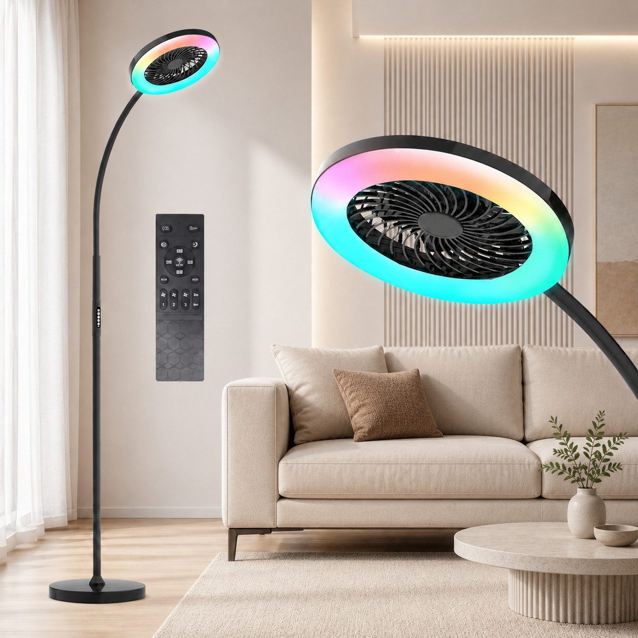 Sunicol Standventilator Dimmbare RGB Stehlampe mit Ventilator, 3 Windgeschwindigkeiten, mit Fernbedienung, Flexibler Schwanenhals, 3000K-6500K